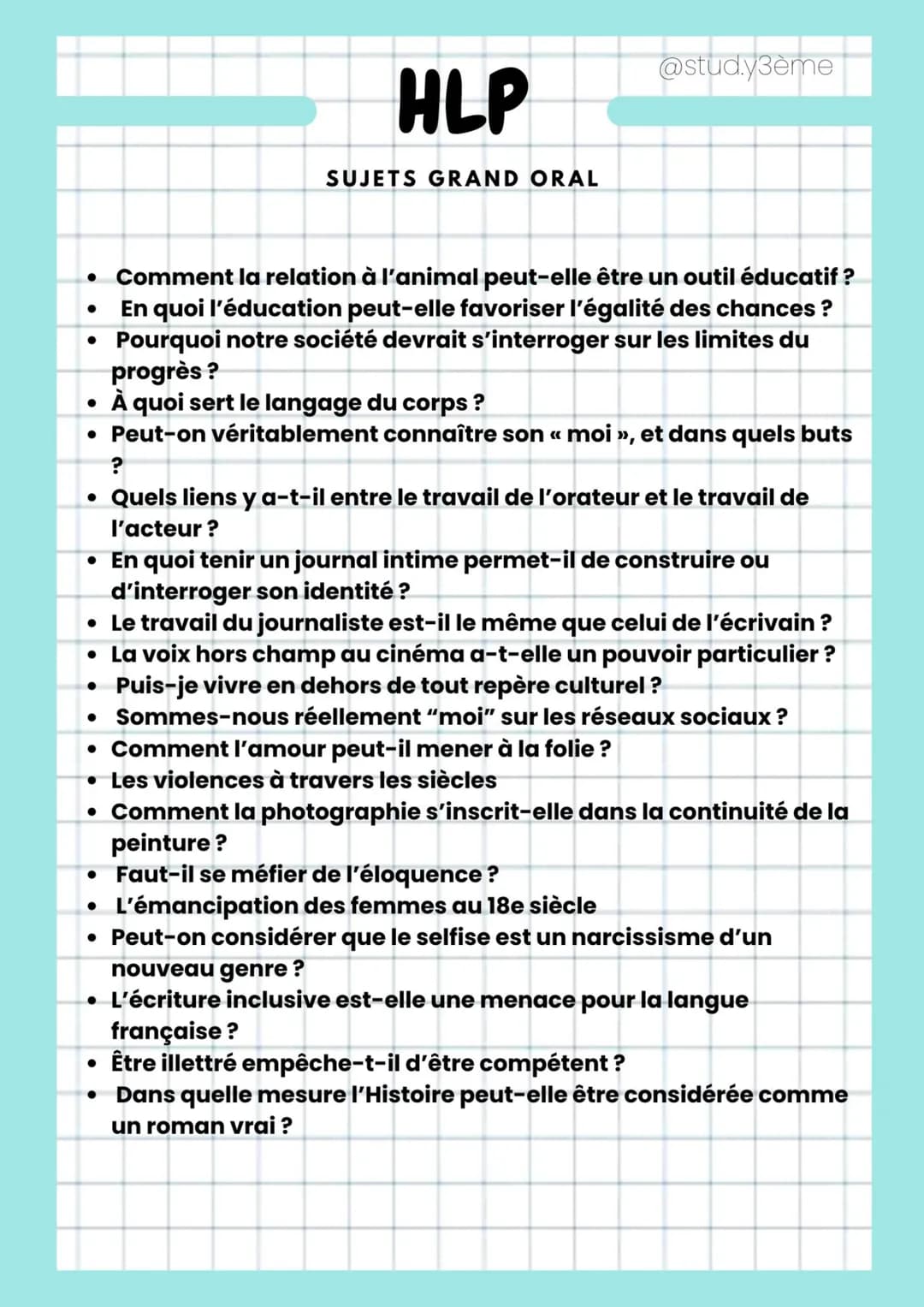 # HLP
SUJETS GRAND ORAL
@stud.y3ème
* Comment la relation à l'animal peut-elle être un outil éducatif?
* En quoi l'éducation peut-ell