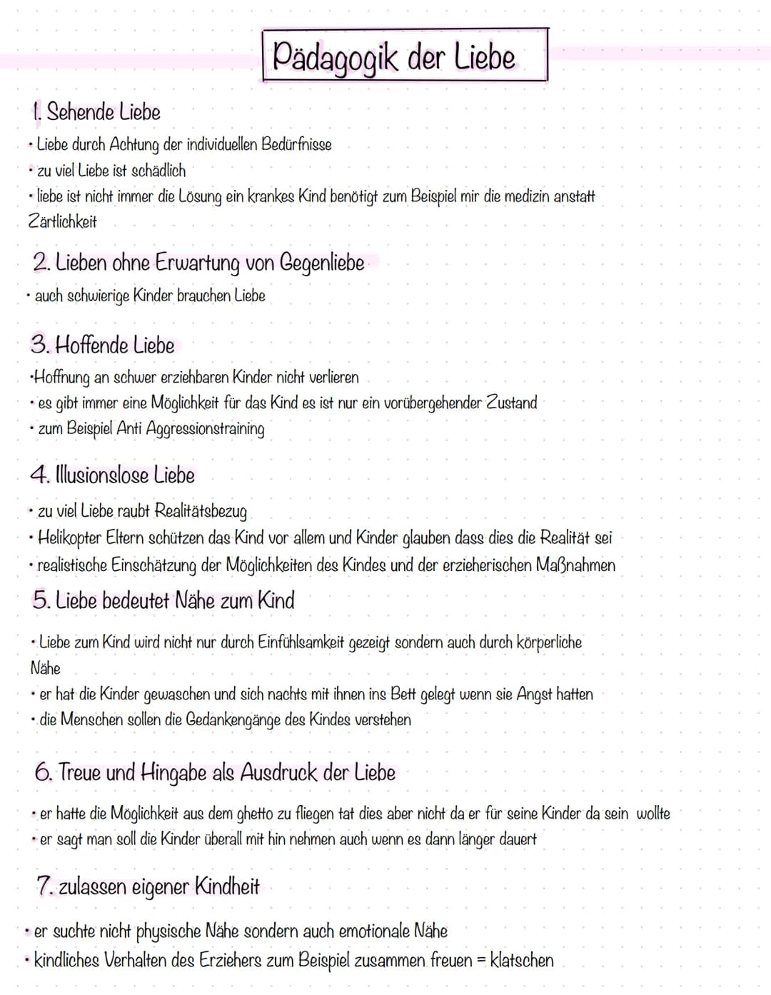 <p>Die Pädagogik der Liebe nach Janusz Korczak beinhaltet verschiedene Aspekte, die grundlegend für die Erziehung und den Umgang mit Kinder