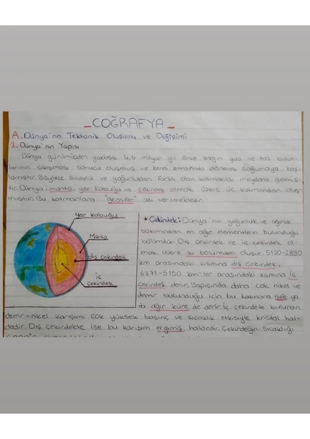 -COĞRAFYA_
A. Dünya nio Tektonik Oluşumu ve Değişimi.
1. Dünya nın Yapısı
Dünya günümüzden yakışık 4.6 milyar yıl önce kızgın gaz ve toz bul