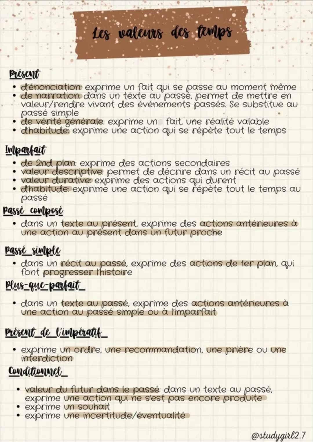 Les valeurs des temps
Présent
* d'énonciation: exprime un fait qui se passe au moment même
* de narration: dans un texte au passé, perm