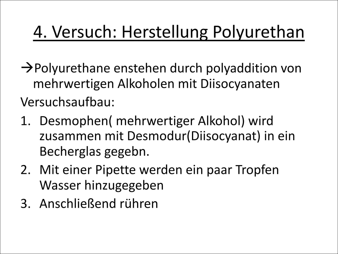 Annabell Arzt
GFS Chemie
20.02.2002
# Polyaddition
## Geschichte
- Otto Bayer
- 1937 erfinden er und seine Mitarbeiter die Polyaddition vo