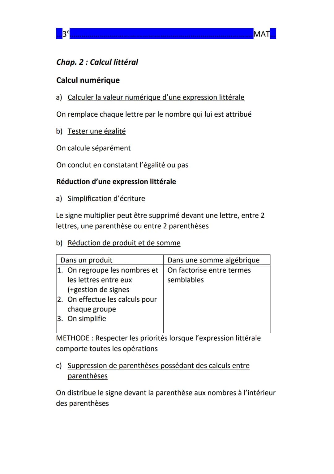 3e
MAT
Chap. 2: Calcul littéral
Calcul numérique
a) Calculer la valeur numérique d'une expression littérale
On remplace chaque lettre pa