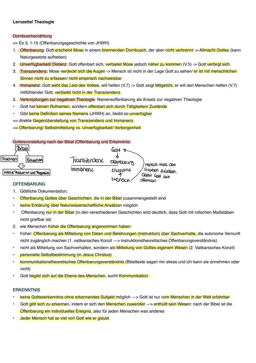 Lernzettel Theologie
Dornbuscherzählung
=> Ex 3, 1-15 (Offenbarungsgeschichte von JHWH)
1. Offenbarung: Gott erscheint Mose in einem brenne