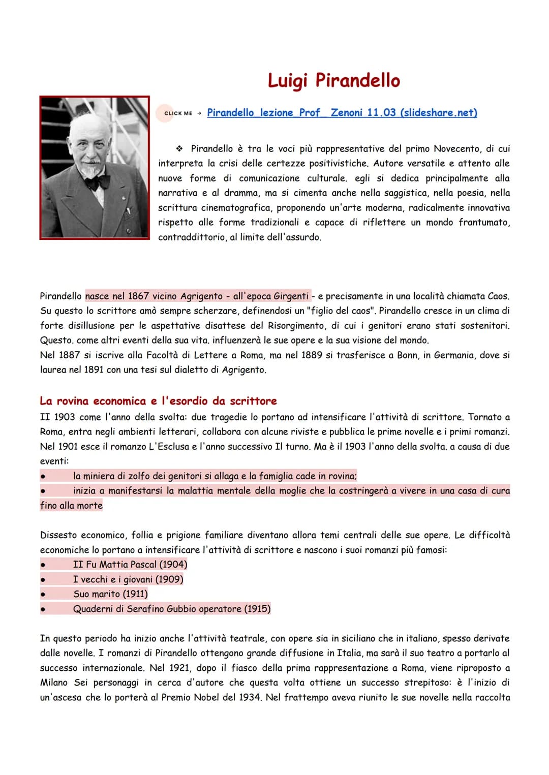 # Luigi Pirandello
CLICK ME Pirandello lezione Prof Zenoni 11.03 (slideshare.net)
* Pirandello è tra le voci più rappresentative del pri