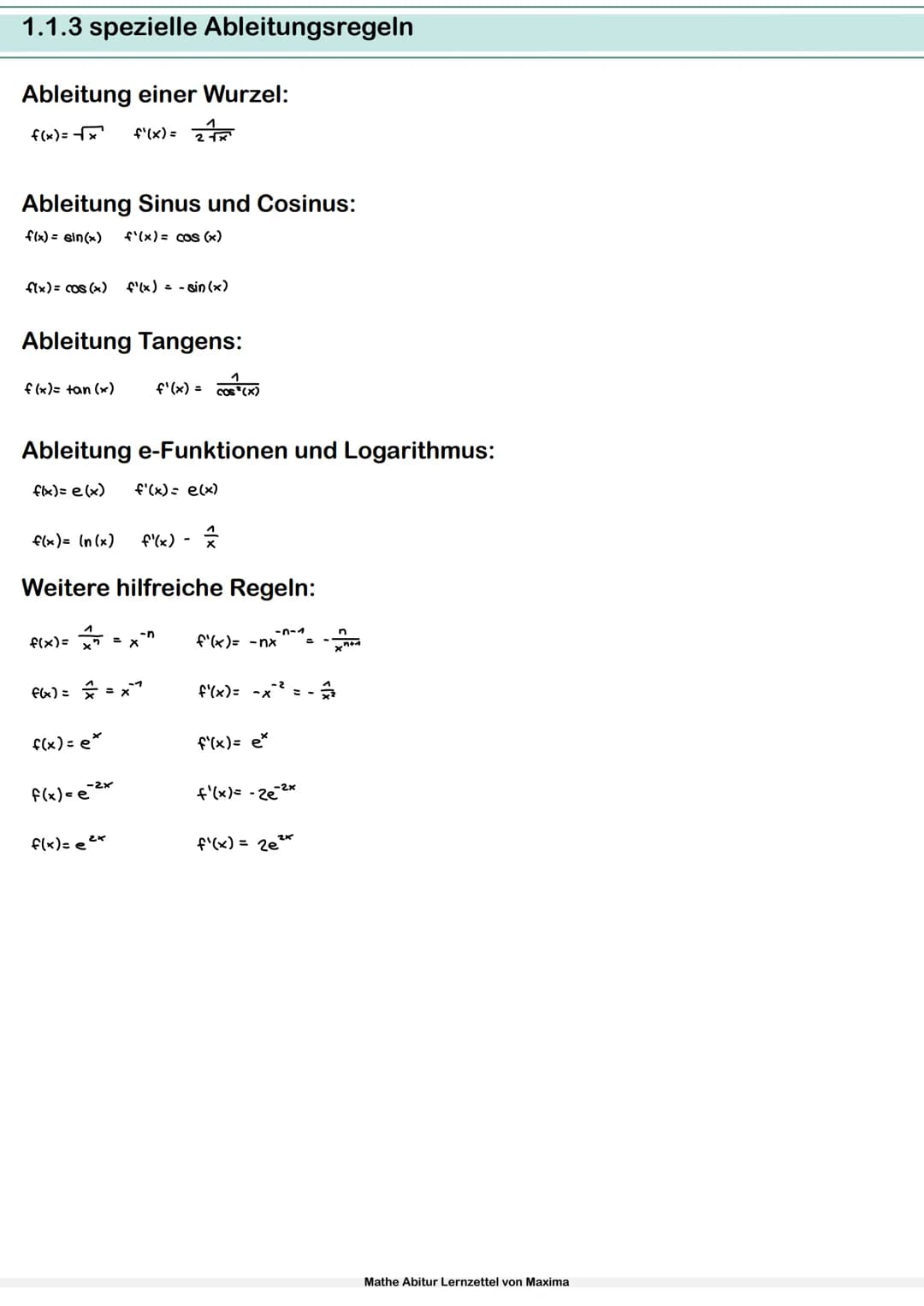 Mathe Abitur Lernzettel
von Maxima Inhaltsverzeichnis
1.Analysis
1.1 Ableitung
1.1.1 Grundlagen und Definition
1.1.2 Ableitungsregeln
1.1.