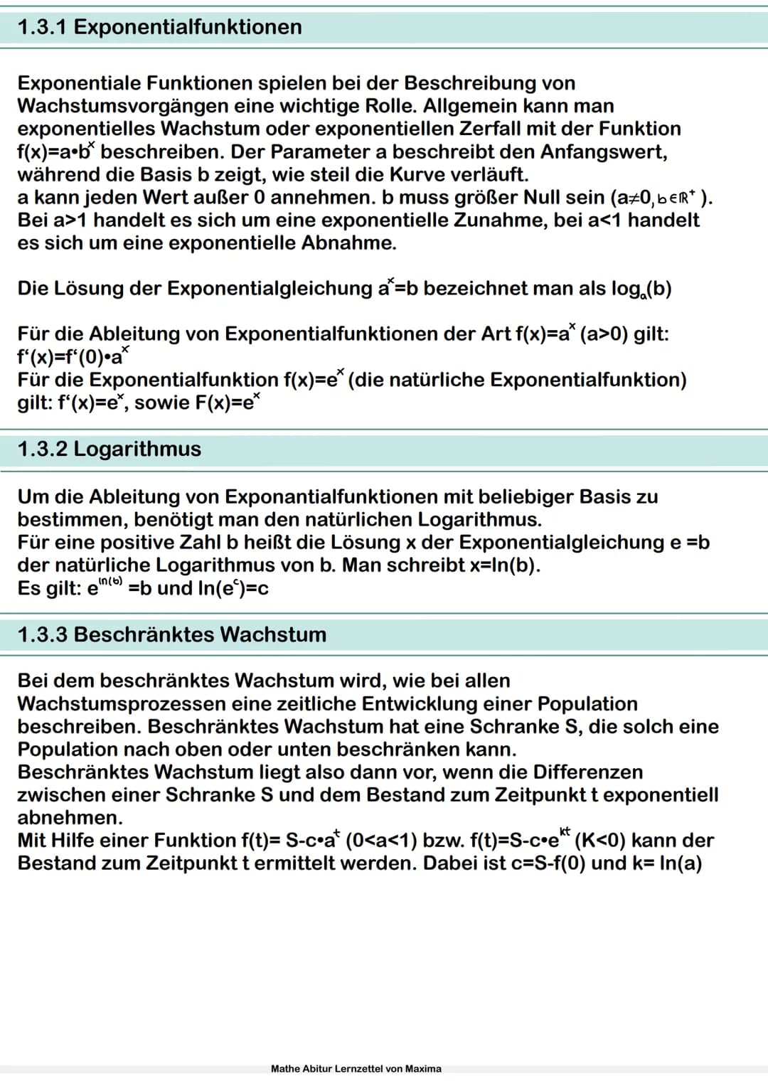 Mathe Abitur Lernzettel
von Maxima Inhaltsverzeichnis
1.Analysis
1.1 Ableitung
1.1.1 Grundlagen und Definition
1.1.2 Ableitungsregeln
1.1.