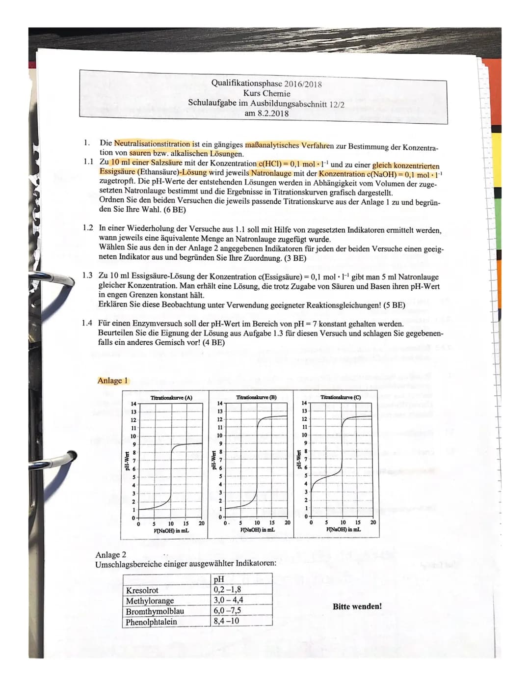 # Qualifikationsphase 2016/2018
Kurs Chemie
Schulaufgabe im Ausbildungsabschnitt 12/2
am 8.2.2018
1. Die Neutralisationstitration ist ein