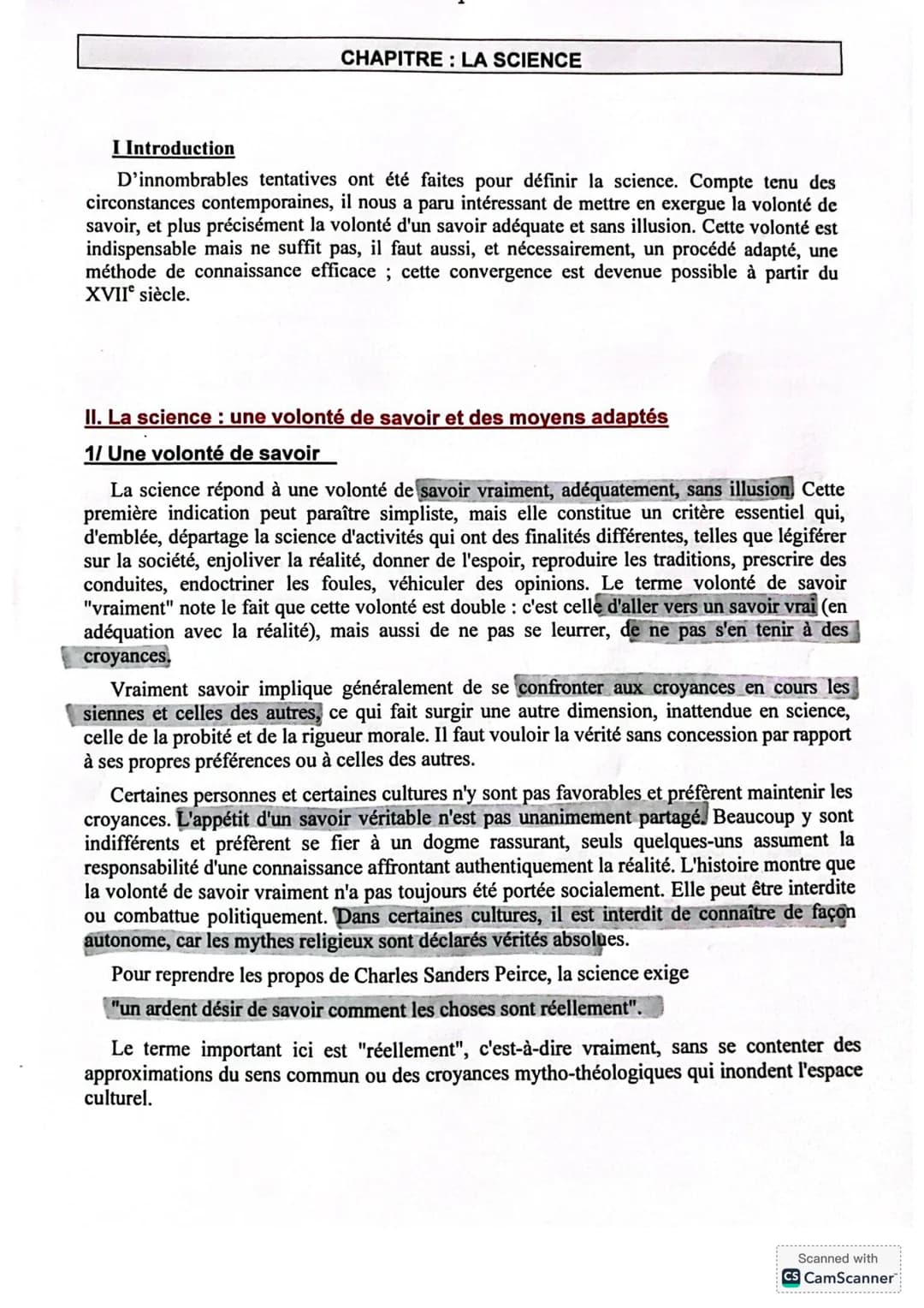CHAPITRE: LA SCIENCE
I Introduction
D'innombrables tentatives ont été faites pour définir la science. Compte tenu des
circonstances contempo
