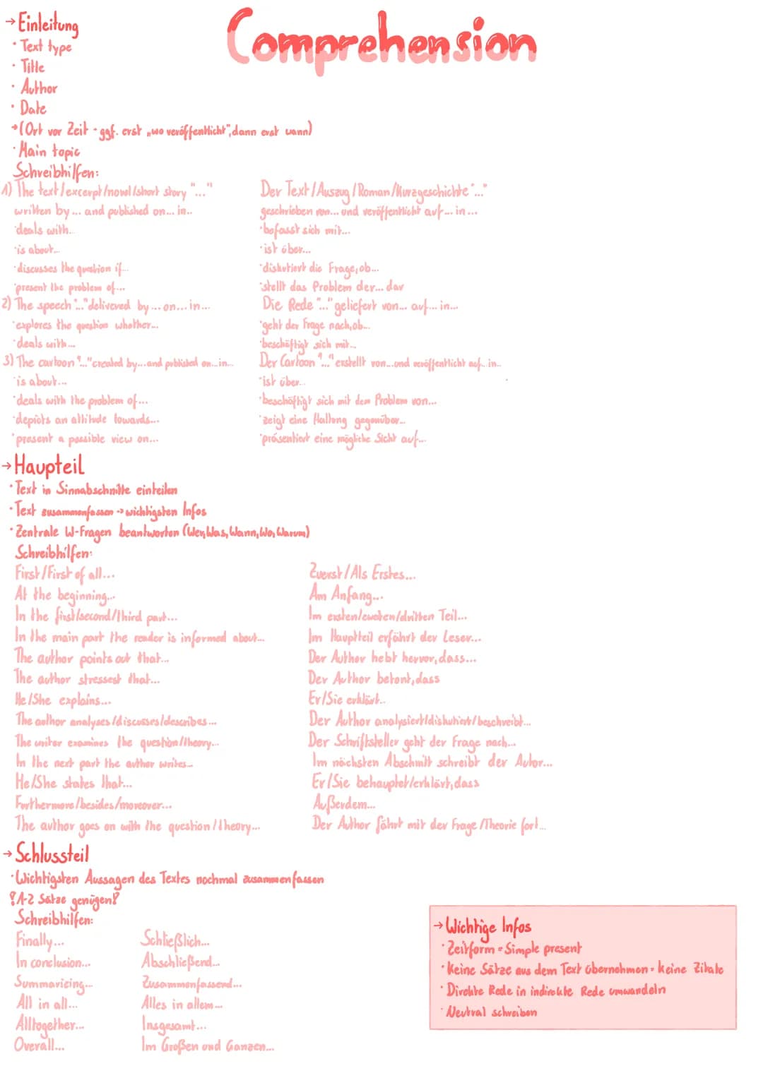 →Einleitung
- Text type
- Tille
- Author
• Date
*(Ort vor Zeit - ggf. erst wo veröffentlicht, dann erst wann)
- Main topic
Schreibhilfen:
1)