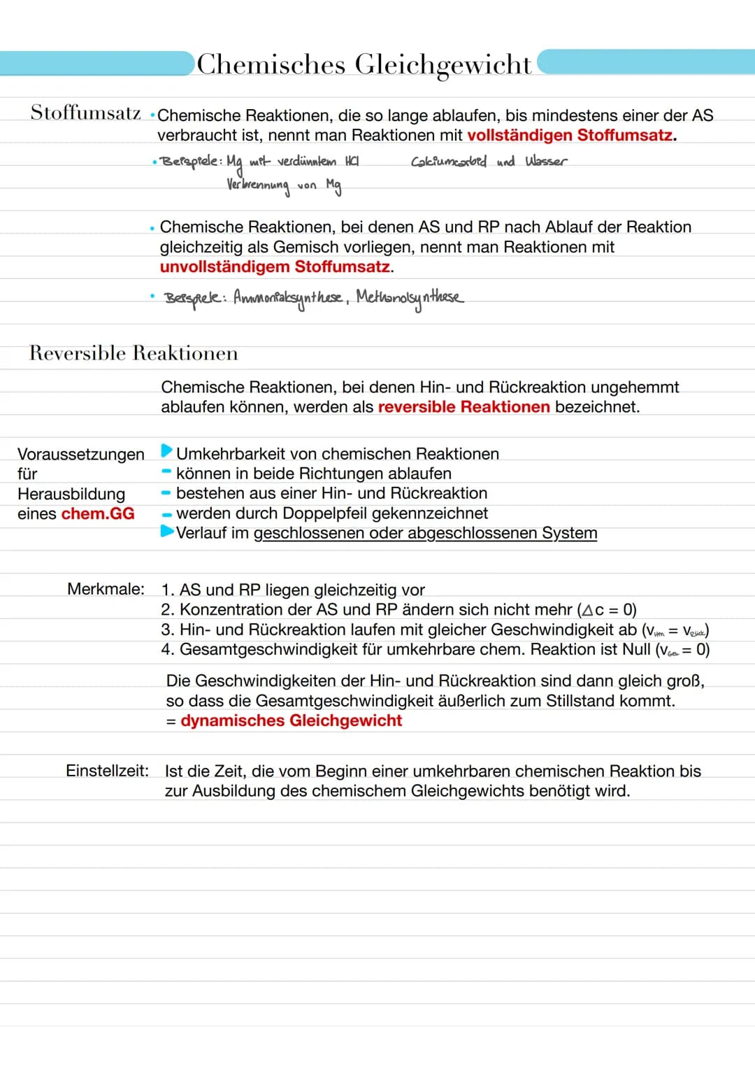 # Chemisches Gleichgewicht
Stoffumsatz Chemische Reaktionen, die so lange ablaufen, bis mindestens einer der AS
verbraucht ist, nennt man