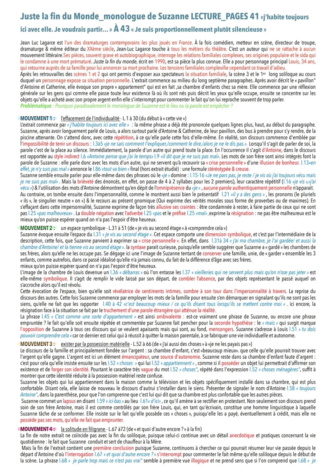 Juste la fin du Monde & ses oeuvres complémentaires
COMMENTAIRES LINÉAIRES
Def:
Soliloque: discours d'une personne qui se parle à elle-même