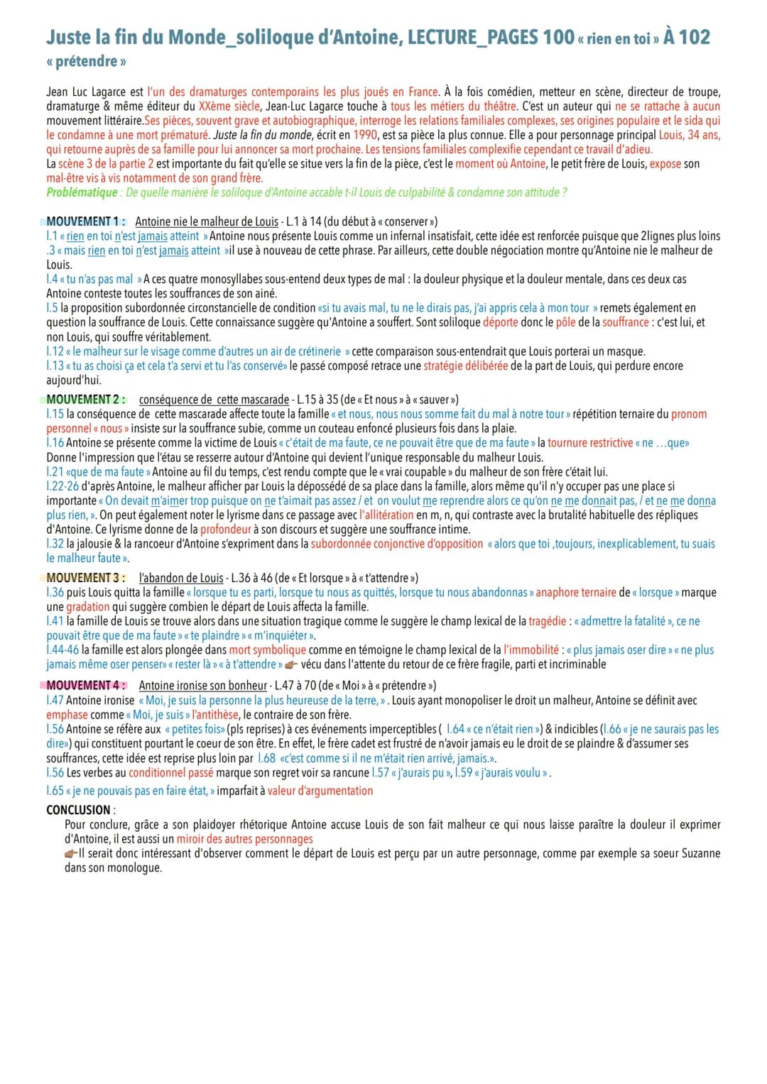Juste la fin du Monde & ses oeuvres complémentaires
COMMENTAIRES LINÉAIRES
Def:
Soliloque: discours d'une personne qui se parle à elle-même