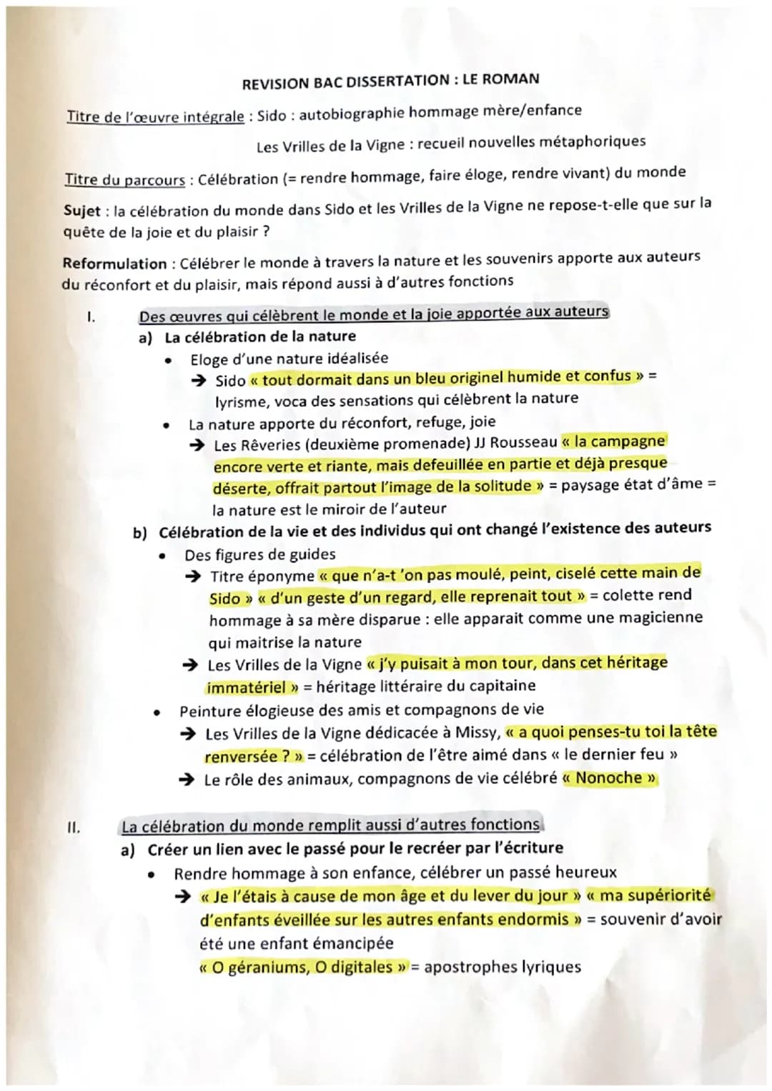 REVISION BAC DISSERTATION: LE ROMAN
Titre de l'œuvre intégrale: Sido: autobiographie hommage mère/enfance
Les Vrilles de la Vigne: recueil