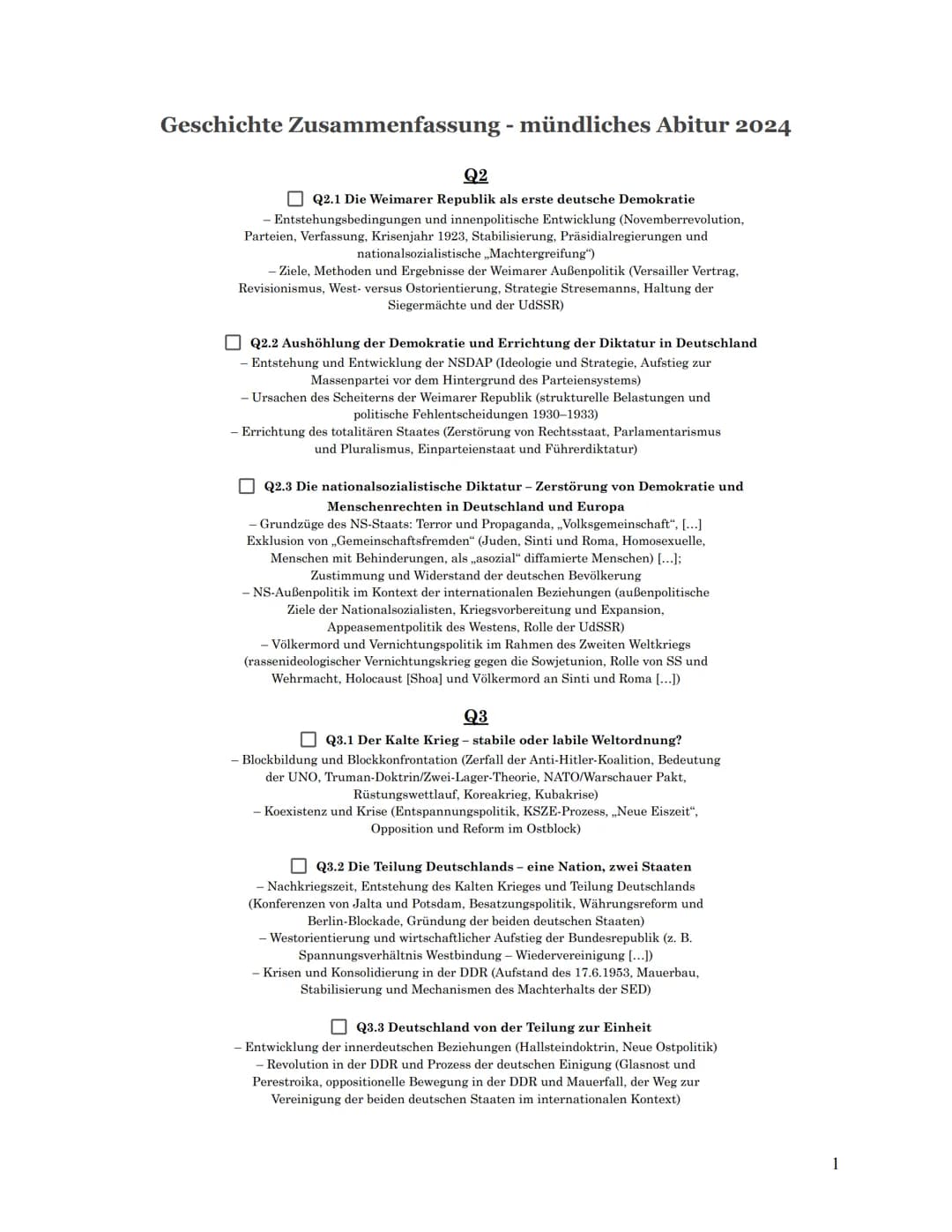 # Geschichte Zusammenfassung - mündliches Abitur 2024
## Q2
Q2.1 Die Weimarer Republik als erste deutsche Demokratie
- Entstehungsbedingu