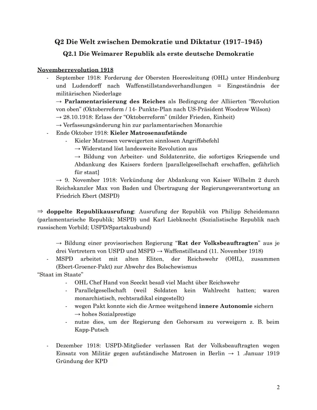 # Geschichte Zusammenfassung - mündliches Abitur 2024
## Q2
Q2.1 Die Weimarer Republik als erste deutsche Demokratie
- Entstehungsbedingu