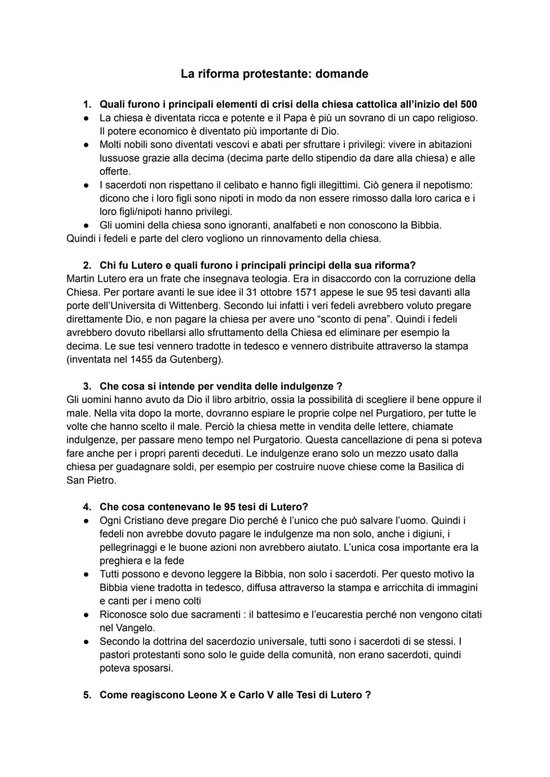 # La riforma protestante: domande
1. Quali furono i principali elementi di crisi della chiesa cattolica all'inizio del 500
* La chiesa