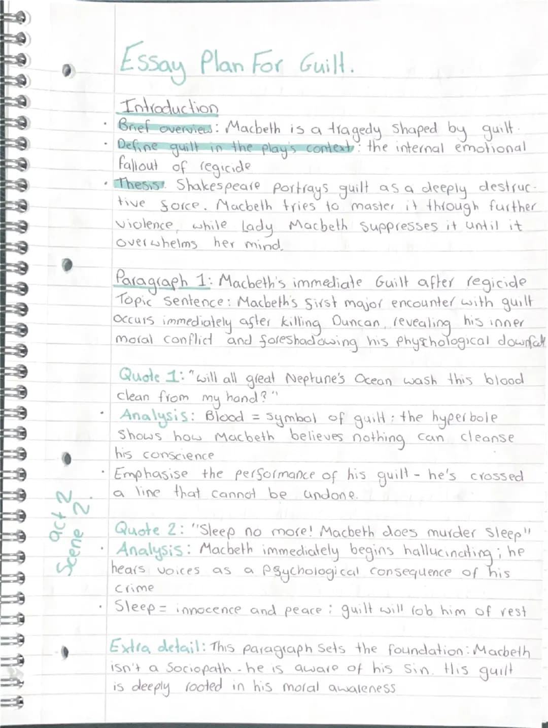 act 2
Scene 2.
Essay Plan For Guilt.
Introduction
Brief overview: Macbeth is a tragedy shaped by guilt.
Define guilt in the play's context:
