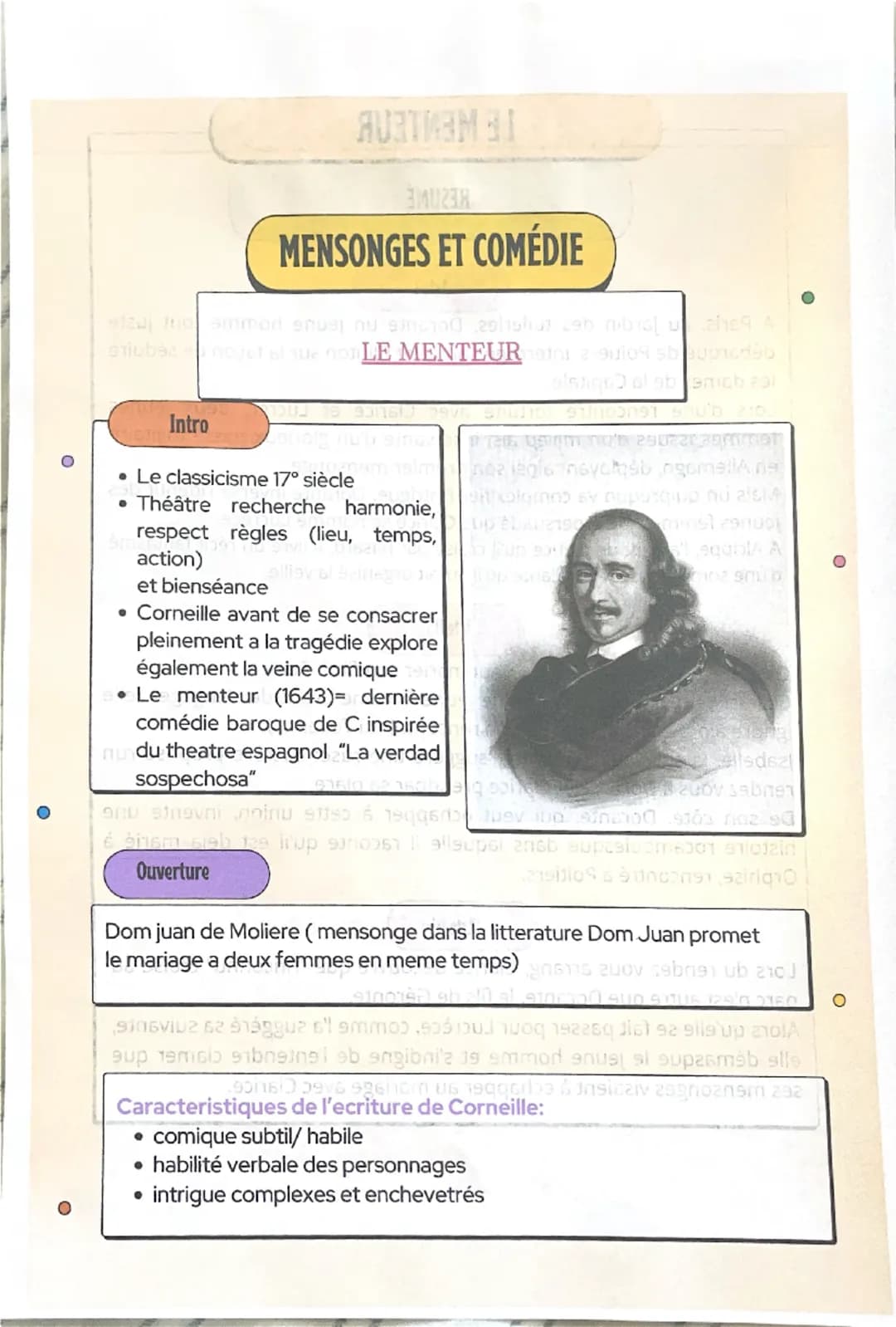 --- OCR Start ---
Ο
MENSONGES ET COMÉDIE
eniubše neеты и полLE MENTEUR
Intro
• Le classicisme 17° siècle
• Théâtre recherche harmonie,
respe