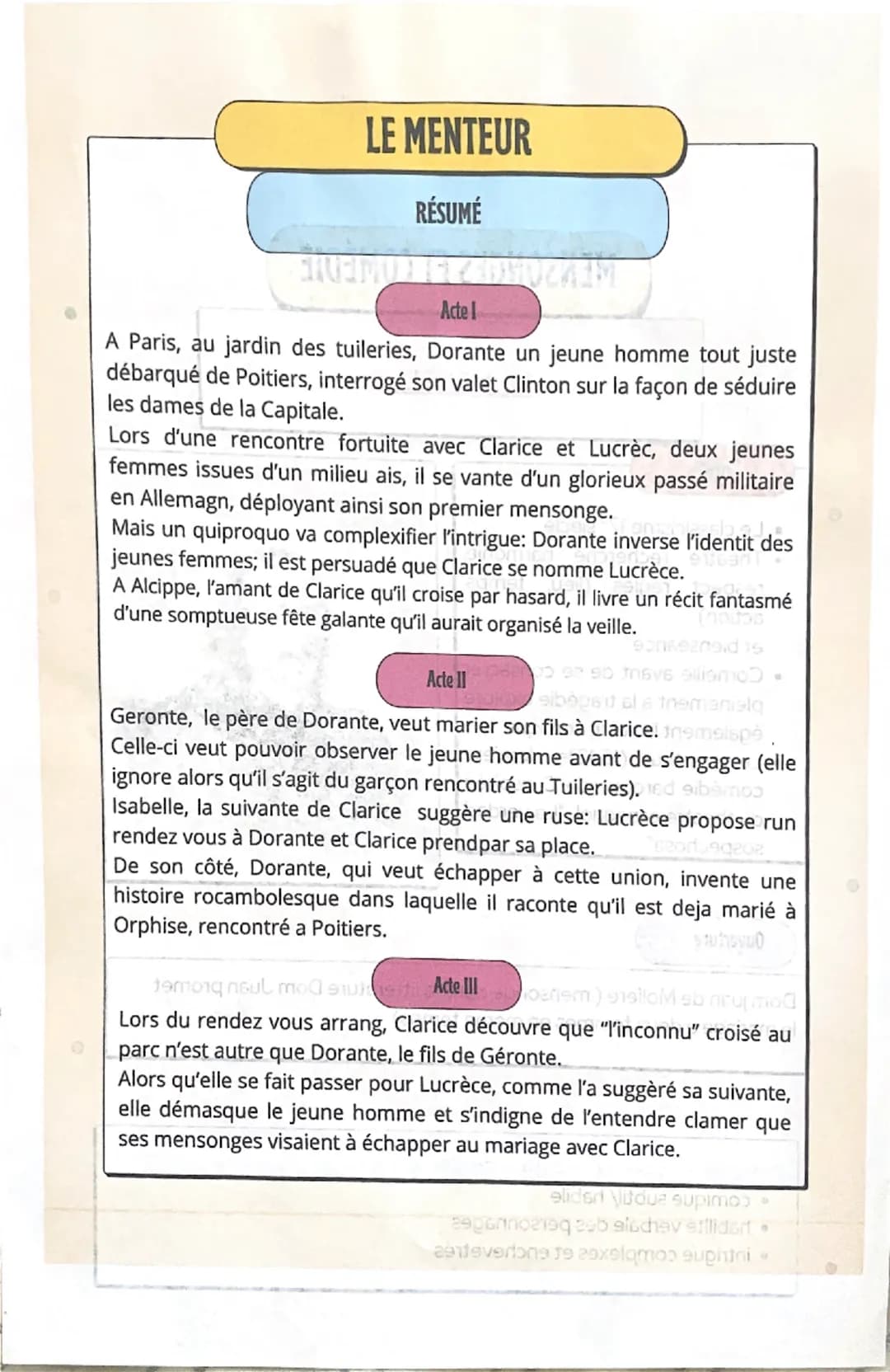 --- OCR Start ---
Ο
MENSONGES ET COMÉDIE
eniubše neеты и полLE MENTEUR
Intro
• Le classicisme 17° siècle
• Théâtre recherche harmonie,
respe