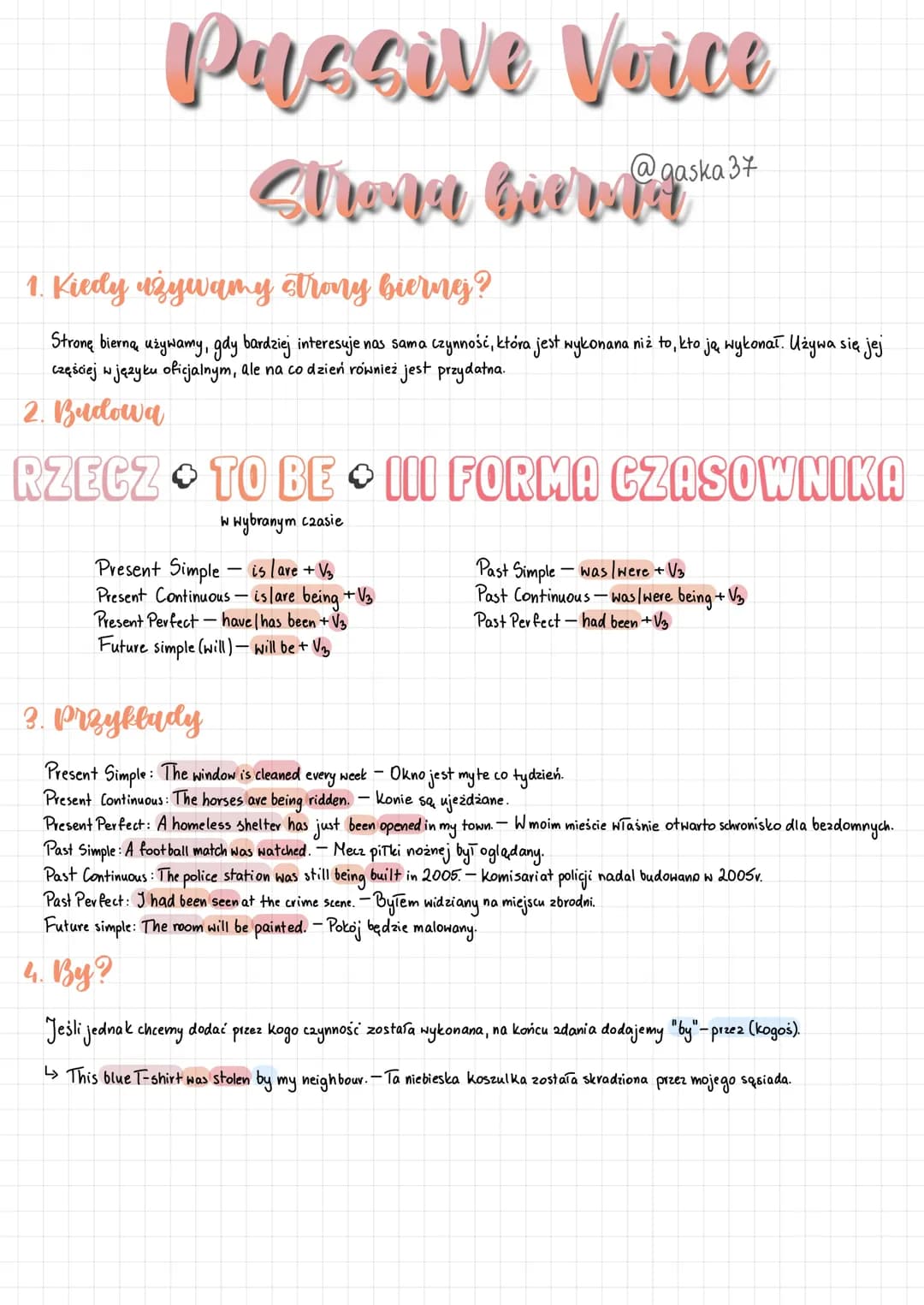 Passive Voice
Shama Giernauska 37
1. Kiedy używamy strony bierng?
Stronę bierna, używamy, gdy bardziej interesuje nas sama czynność, która