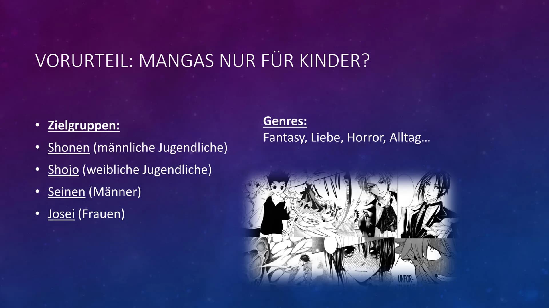 # GFS-Mangas-Handout
## Allgemein
Japan: allgemeine Bezeichnung für Comics
Westen: Bezeichnung für japanische Comics
Zeichner: Mangaka
Anime