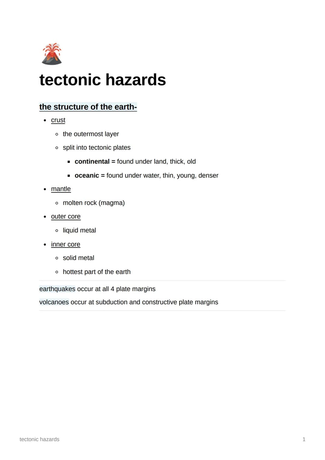 tectonic hazards
the structure of the earth-
- crust
* the outermost layer
* split into tectonic plates
* continental