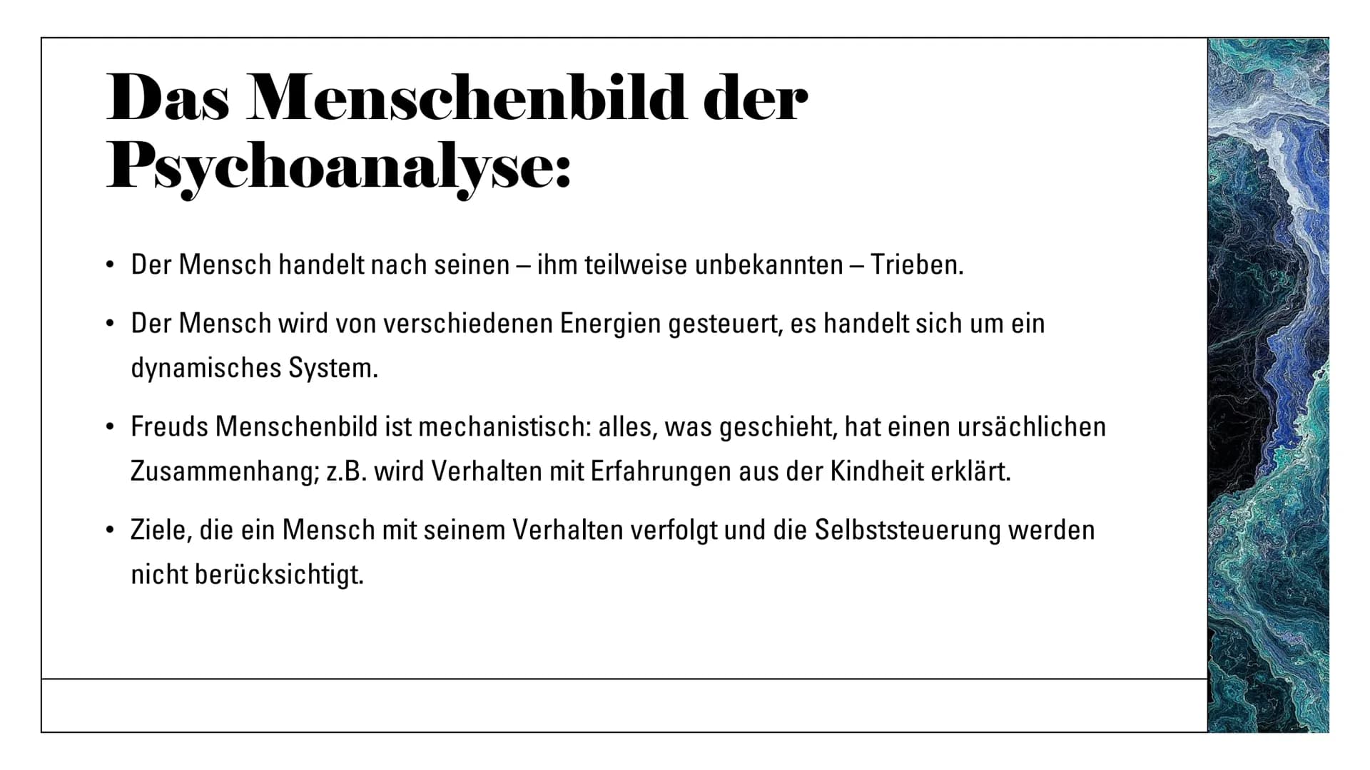 Freuds
Menschenbild Menschenbild:
Der Begriff „Menschenbild", steht für die
Vorstellung, die jemand vom Wesen des
Menschen hat.
Jeder päda