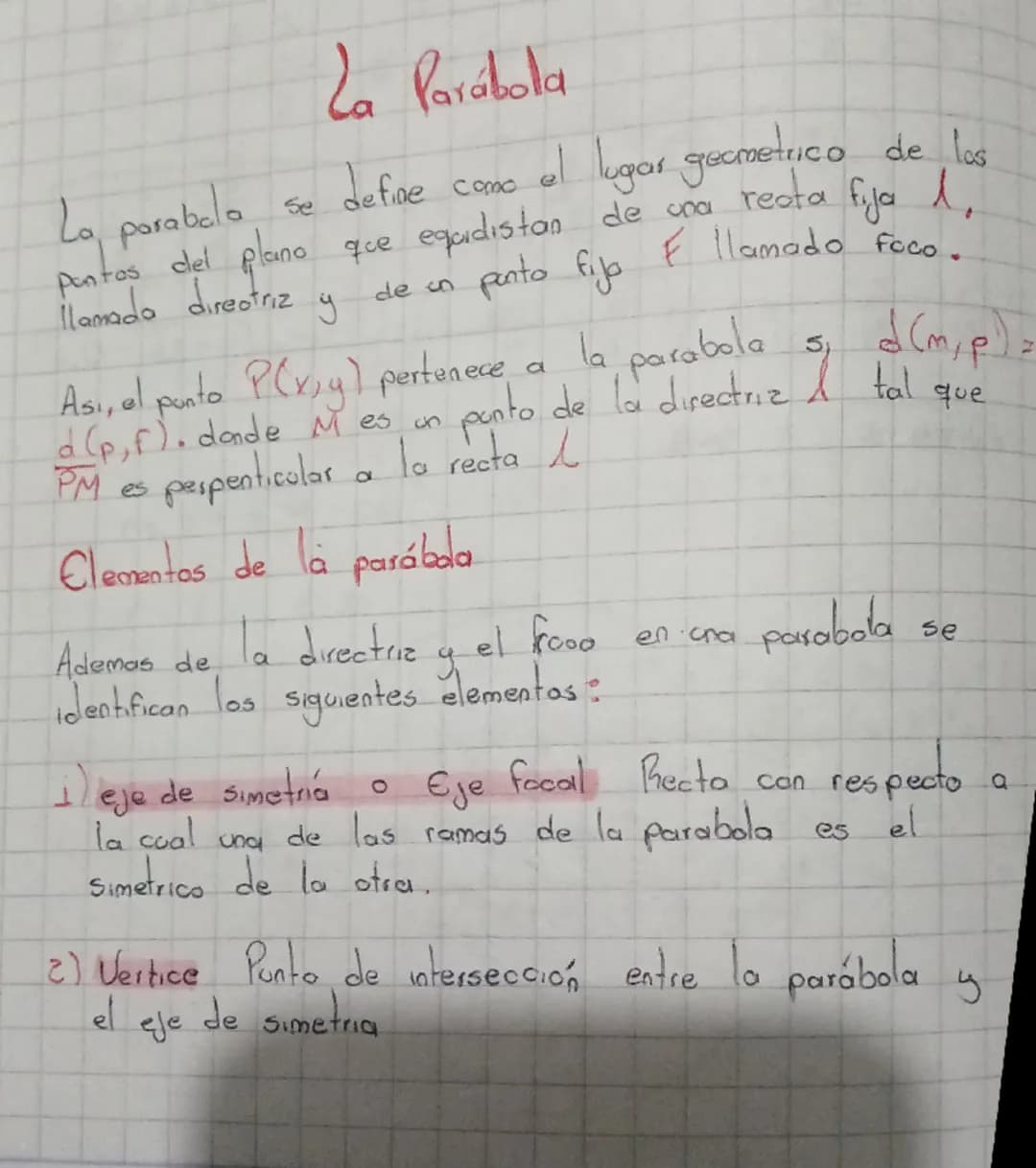 # La Parábola
La parabola se define como el lugar geometrica de las
puntos del plano que equidistan de una reota fija 1,
Ilamada directriz