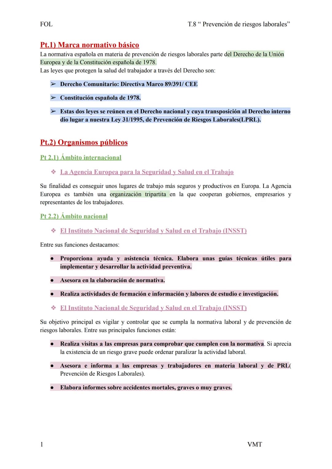 FOL
T.8 " Prevención de riesgos laborales"
Pt.1) Marca normativo básico
La normativa española en materia de prevención de riesgos laborale