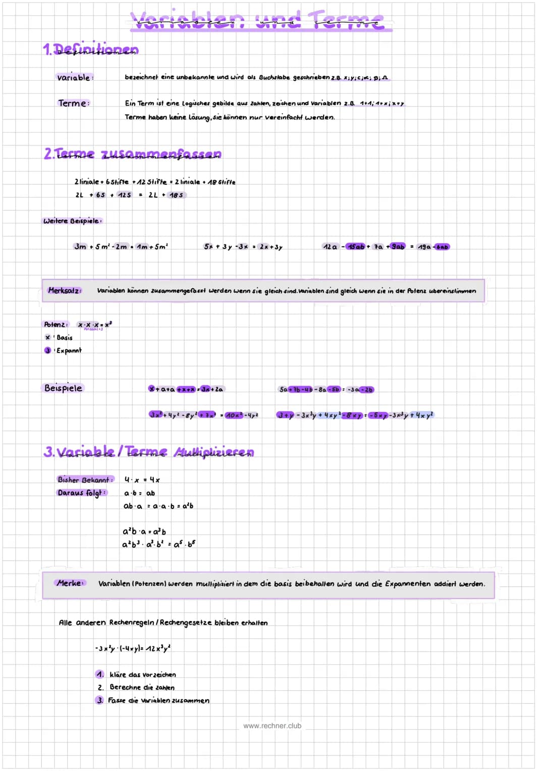 # Variablen und Terme
1. Definitionen
variable: bezeichnet eine unbekannte und wird als Buchstabe geschrieben 2.8. x;y;;; p
Terme: Ein Te