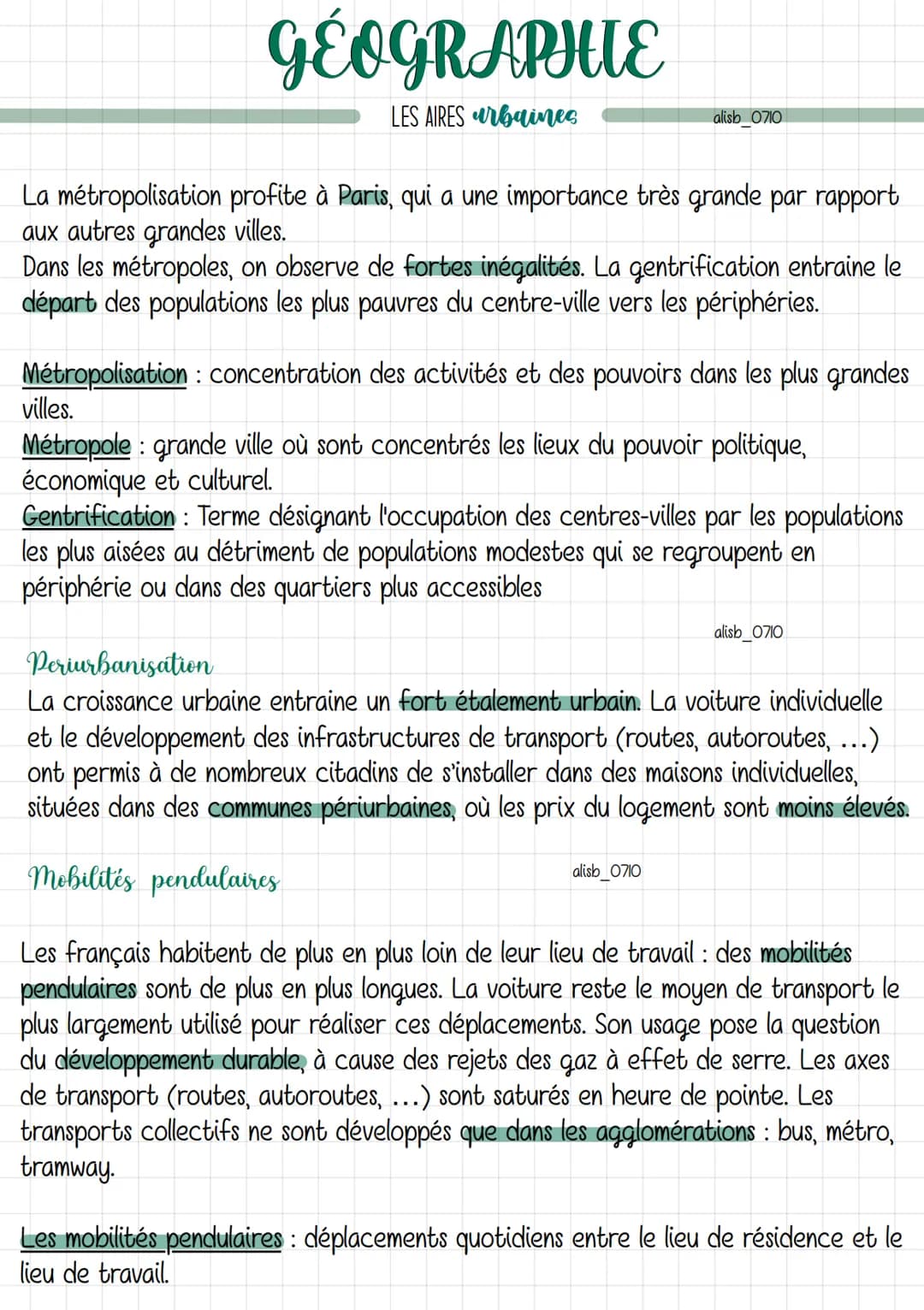 # GÉOGRAPHIE
LES AIRES urbaines
Schéma d'une aire urbaine
alisb 0710
Aire
urbaine
Ville-centre
Banlieue
Couronne périurbaine
Communes