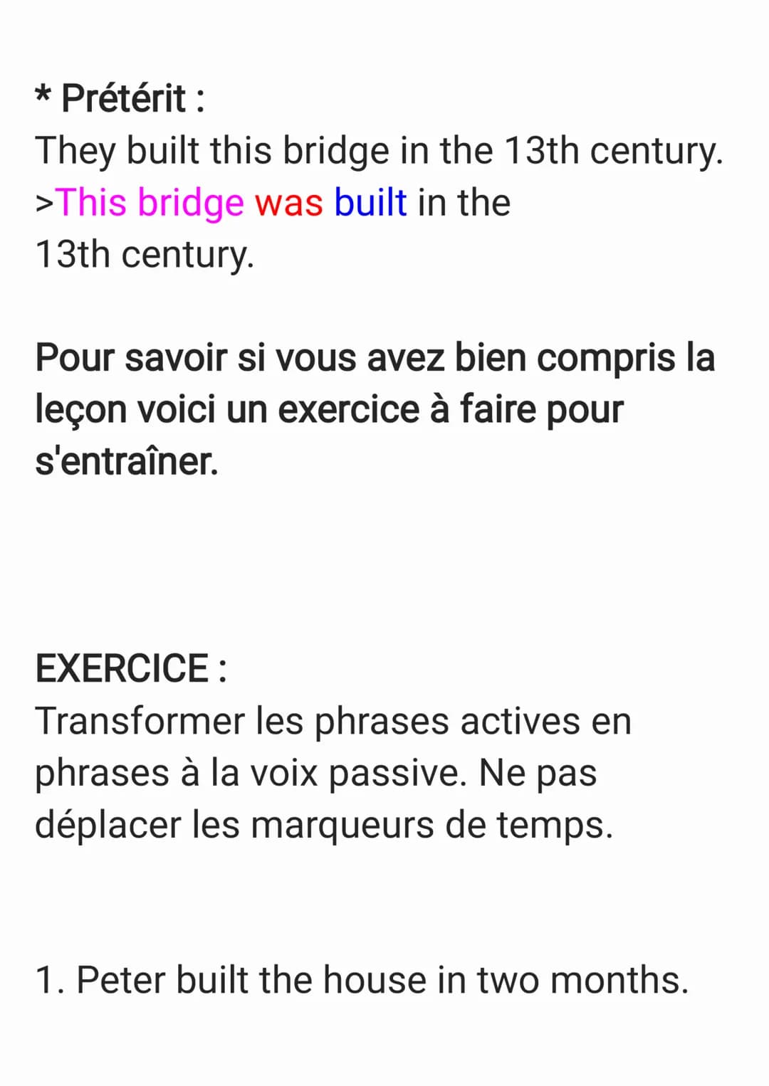 Passif : fiche de révision -
cours
Cours: La voix passive
=> Principal emploi : Mettre en valeur la
personne ou la chose sur laquelle
s'ex