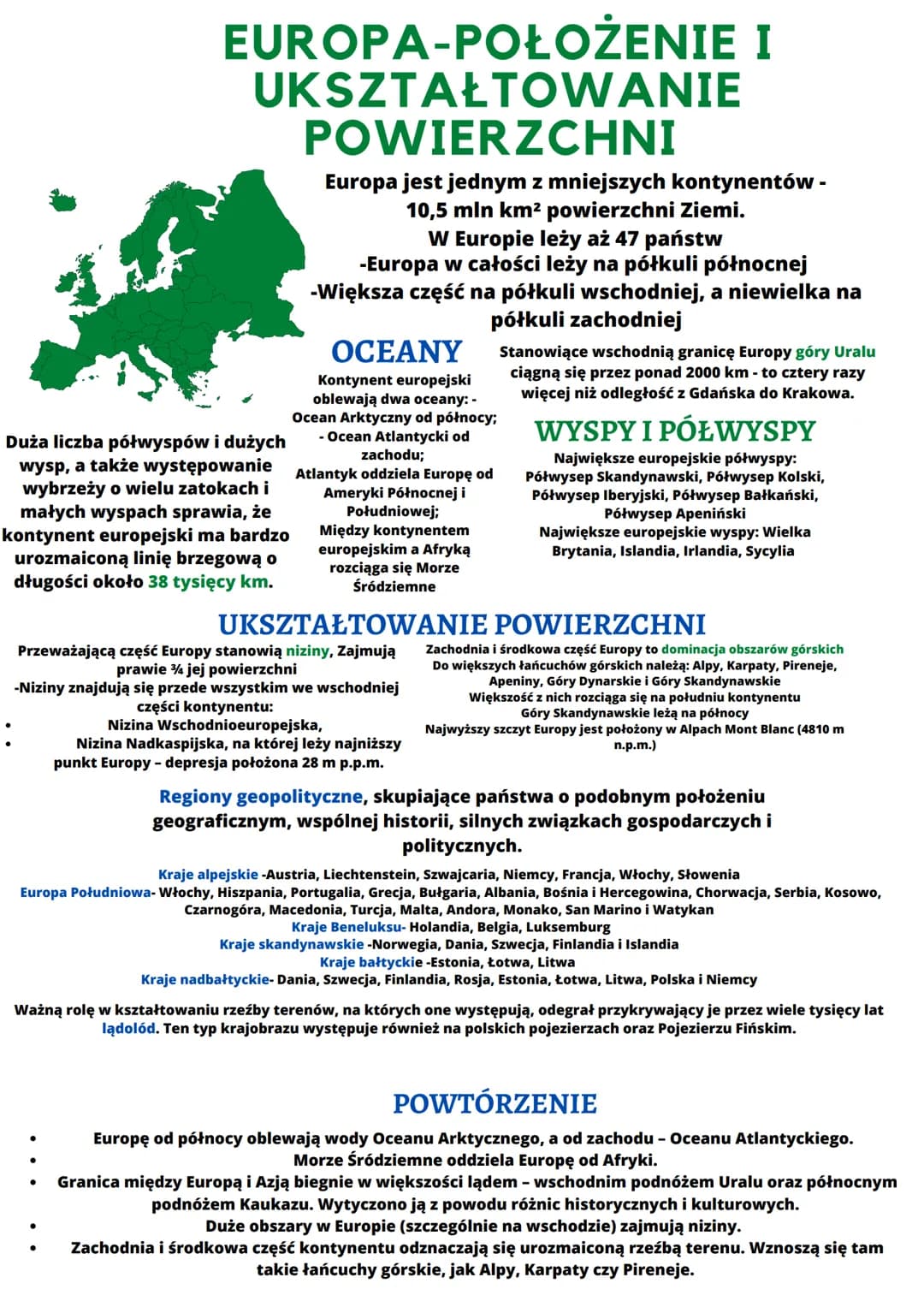 # EUROPA-POŁOŻENIE I
# UKSZTALTOWANIE
# POWIERZCHNI
Europa jest jednym z mniejszych kontynentów -
10,5 mln km² powierzchni Ziemi.
W Europie