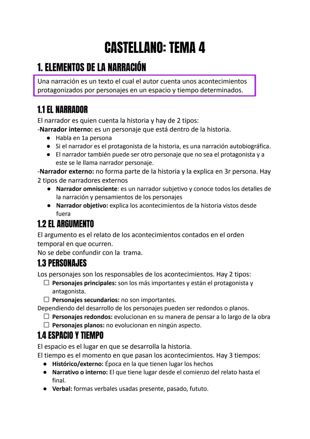 # CASTELLANO: TEMA 4
## 1. ELEMENTOS DE LA NARRACIÓN
Una narración es un texto el cual el autor cuenta unos acontecimientos
protagonizados