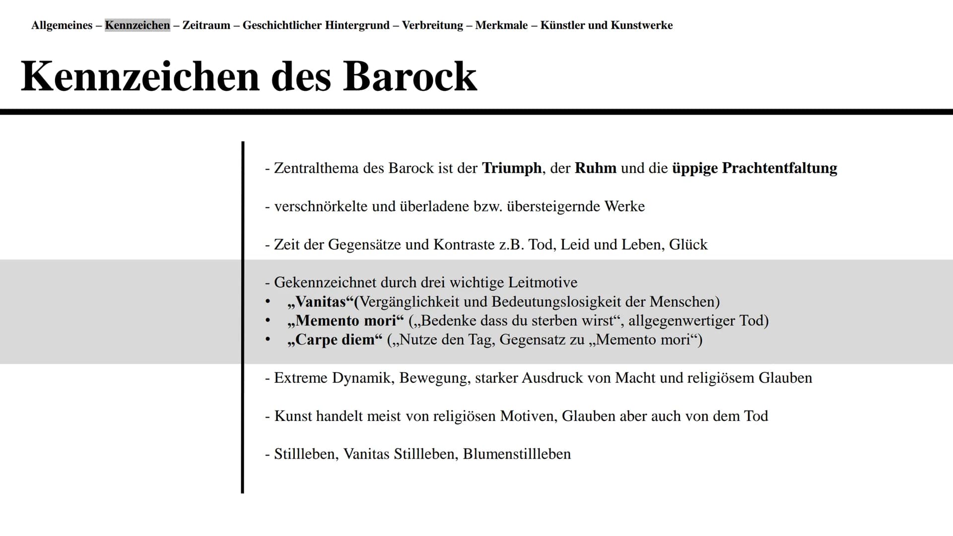 # Barock
Eine Präsentation von Elissanda Ahti # Gliederung
* Definition der Renaissance und Allgemeines
* Kennzeichen
* Zeitraum
*