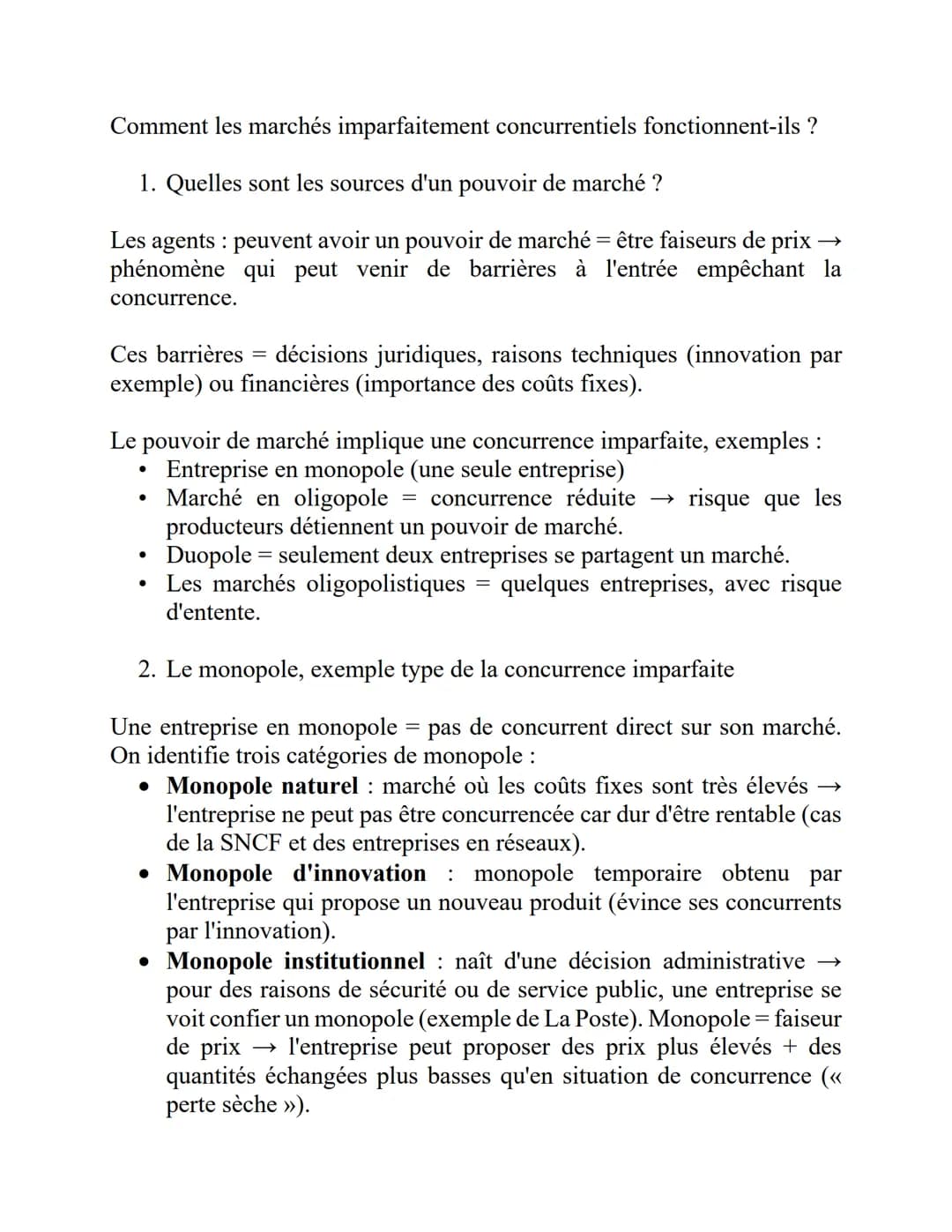 Comment les marchés imparfaitement concurrentiels fonctionnent-ils ?
1. Quelles sont les sources d'un pouvoir de marché?
Les agents: peuve