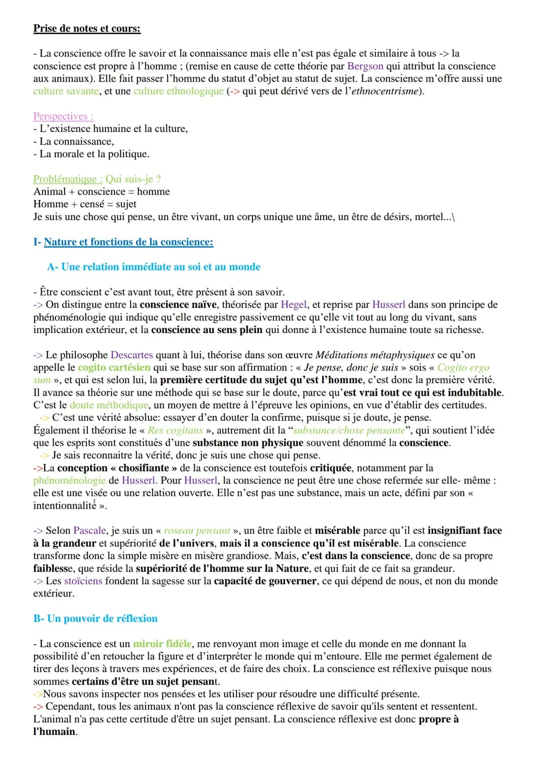 Introduction:
Notion I-La conscience
Étymologie du mot conscience: du latin « cum scientia > = accompagné de savoir
Définition de la consc