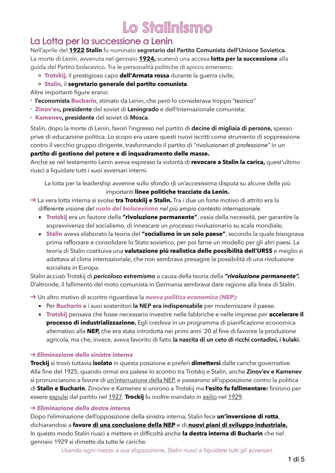 # Lo Stalinismo
La Lotta per la successione a Lenin
Nell'aprile del 1922 Stalin fu nominato segretario del Partito Comunista dell'Unione S