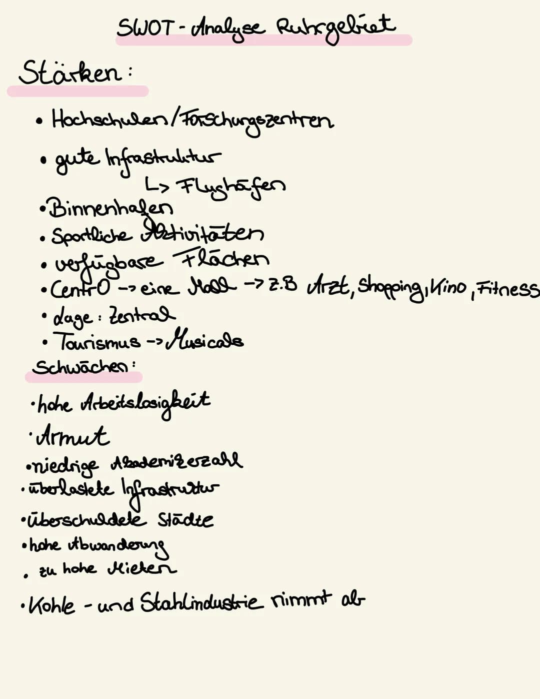 # SWOT-Analyse Ruhrgebiet
Stärken:
- Hochschulen/Forschungszentren
- gute Infrastruktur
-> Flughäfen
- Binnenhäfen
- Sportliche Aktivitä