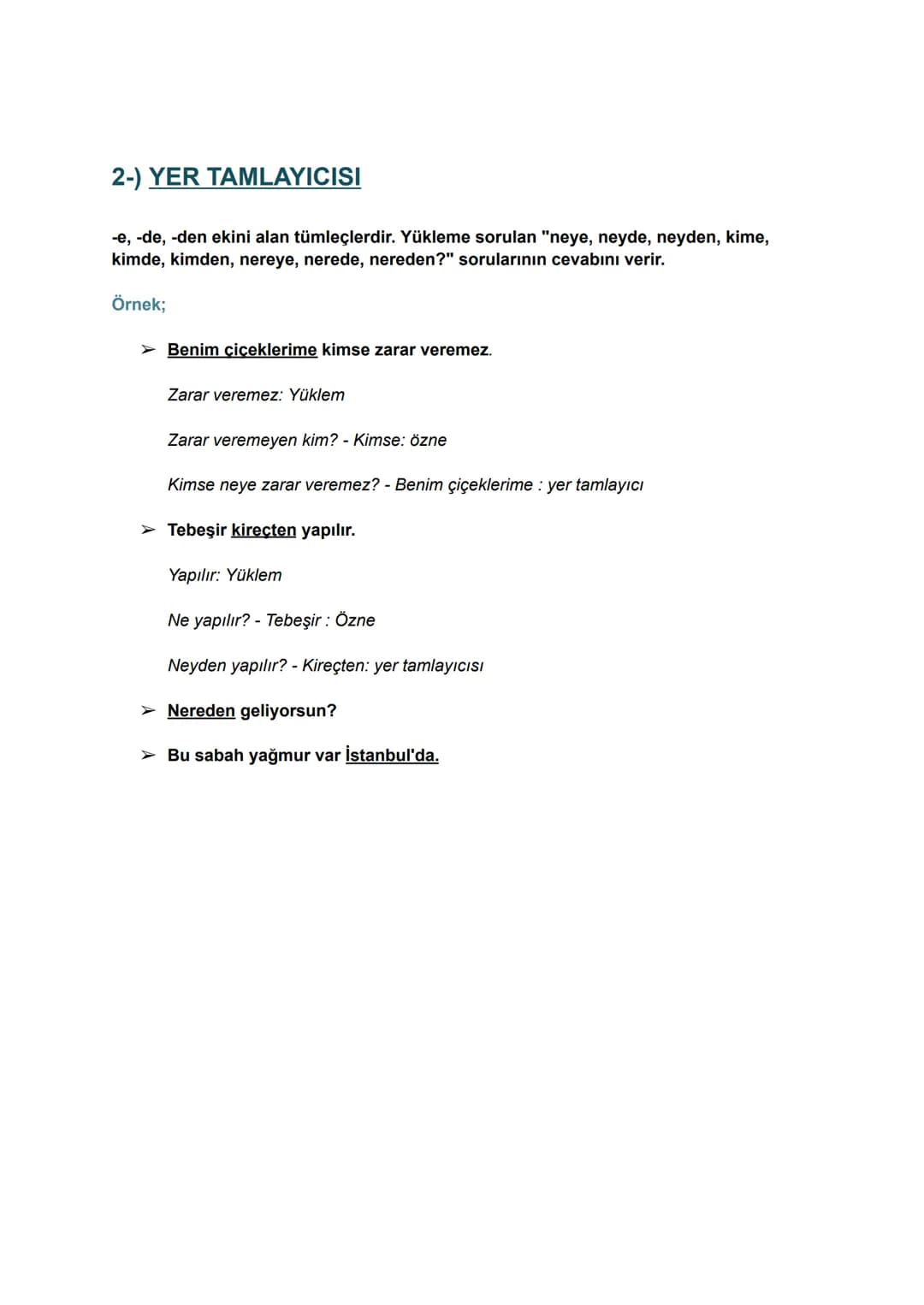 # Cümlenin Öğeleri
Öğe; cümleyi oluşturan bölümlerin her birine öğe denir.
## TEMEL ÖĞELER
A) Yüklem
B) Özne (Kim? Ne?)
→ Gerçek Özne