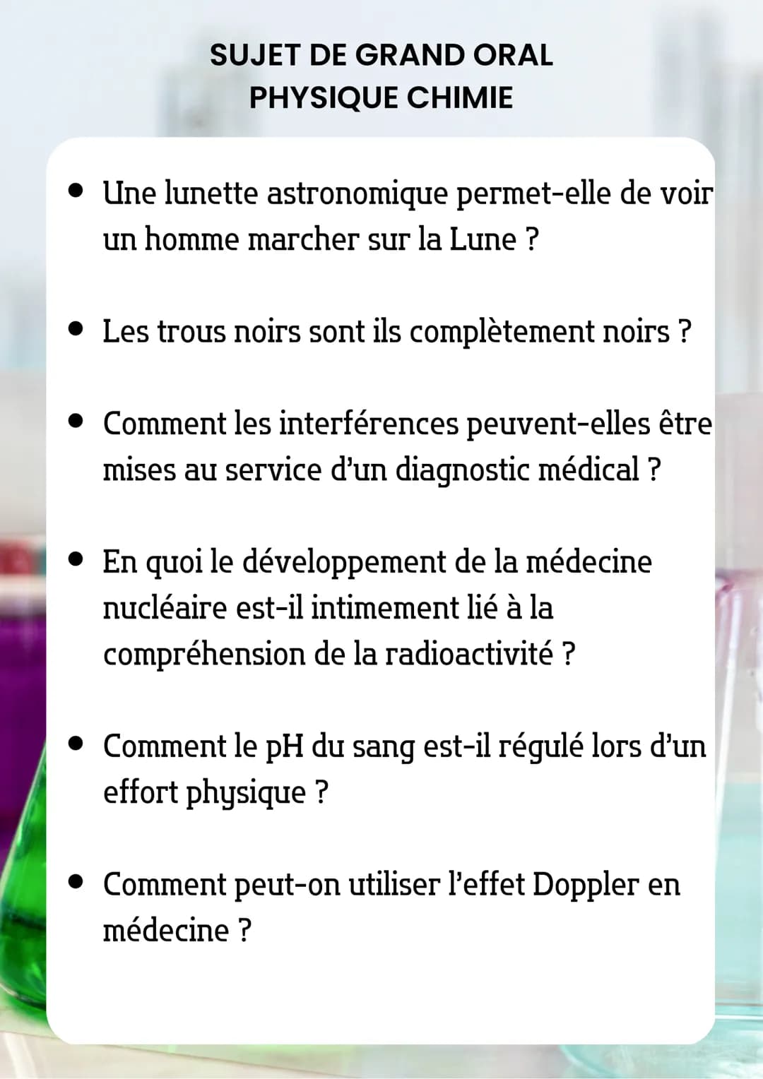 SUJET DE GRAND ORAL
PHYSIQUE CHIMIE
• Existe-t-il des Exoplanètes dans l'univers ?
• En quoi le flash intégrés d'un appareil
photo permet-