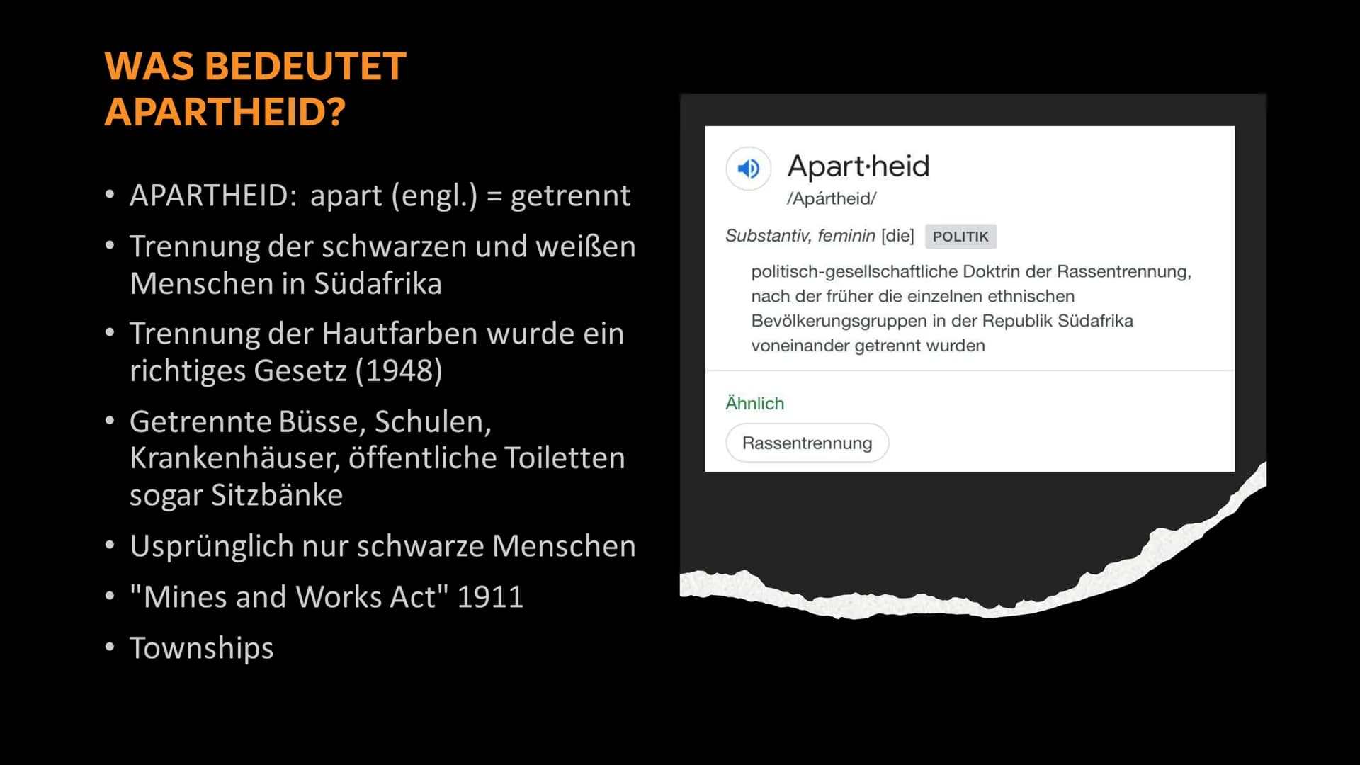 SÜDAFRIKA - Der Weg
aus der Apartheid
Von Yona S. # WAS BEDEUTET
APARTHEID?
• APARTHEID: apart (engl.) = getrennt
• Trennung der schwarzen