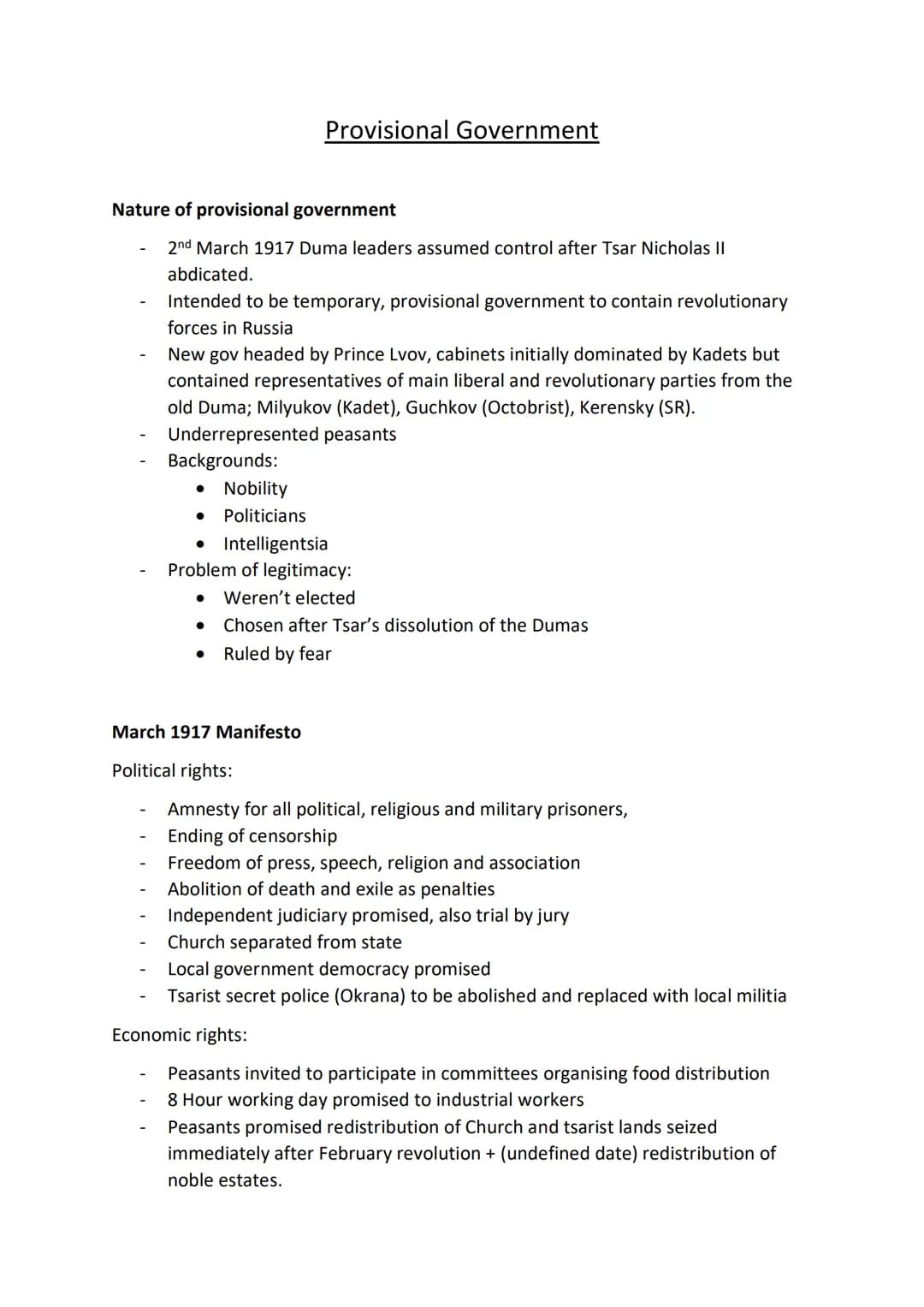 # Provisional Government
Nature of provisional government
- 2nd March 1917 Duma leaders assumed control after Tsar Nicholas II
abdicated.