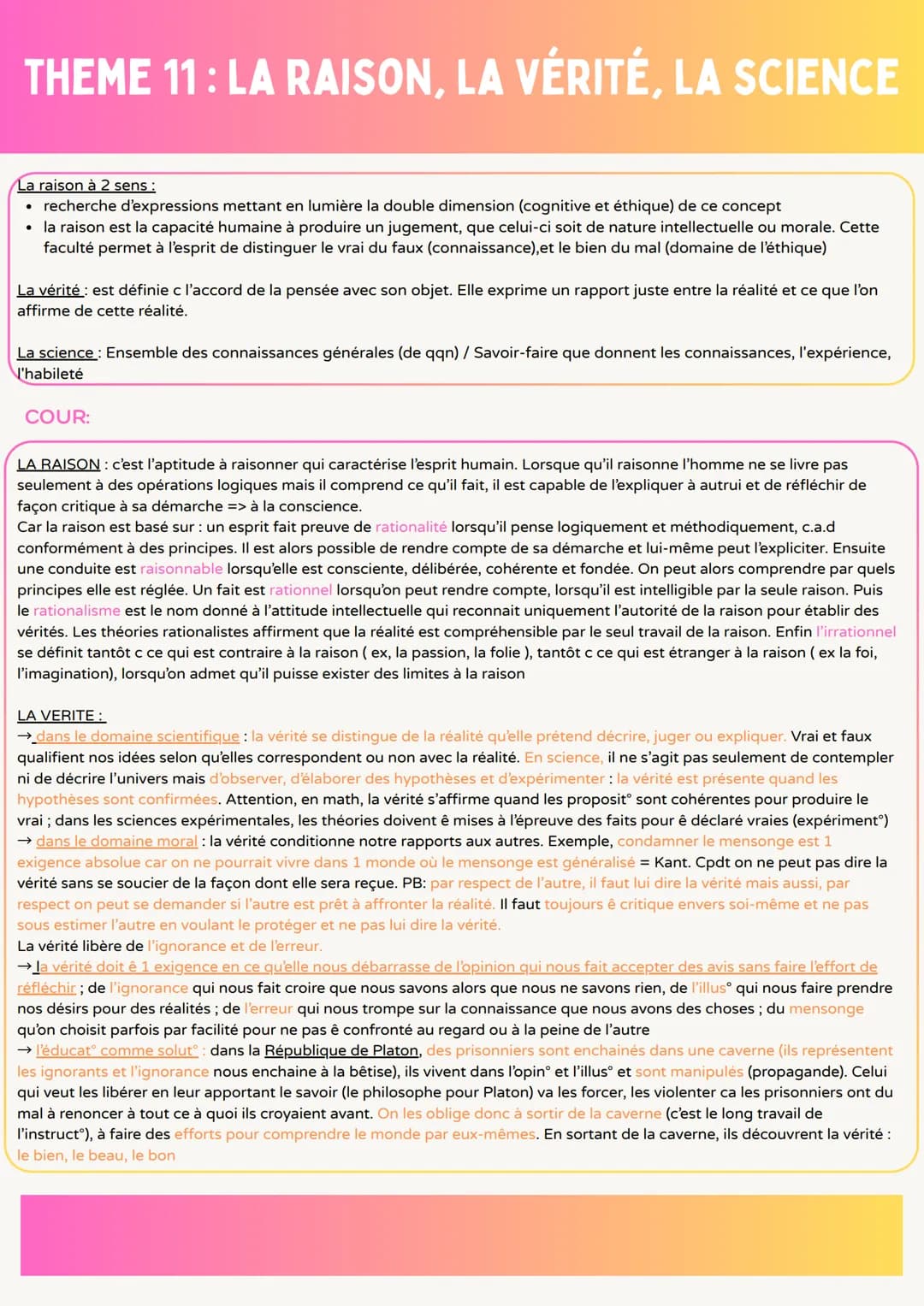 THEME 11: LA RAISON, LA VÉRITÉ, LA SCIENCE
La raison à 2 sens :
- recherche d'expressions mettant en lumière la double dimension (cognitive