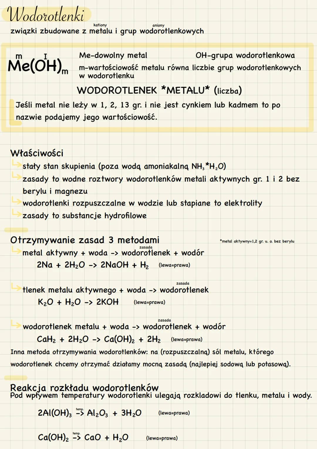 # Wodorotlenki
kationy aniony
związki zbudowane z metalu i grup wodorotlenkowych
Me(OH)m
Me-dowolny metal OH-grupa wodorotlenkowa
m-warto