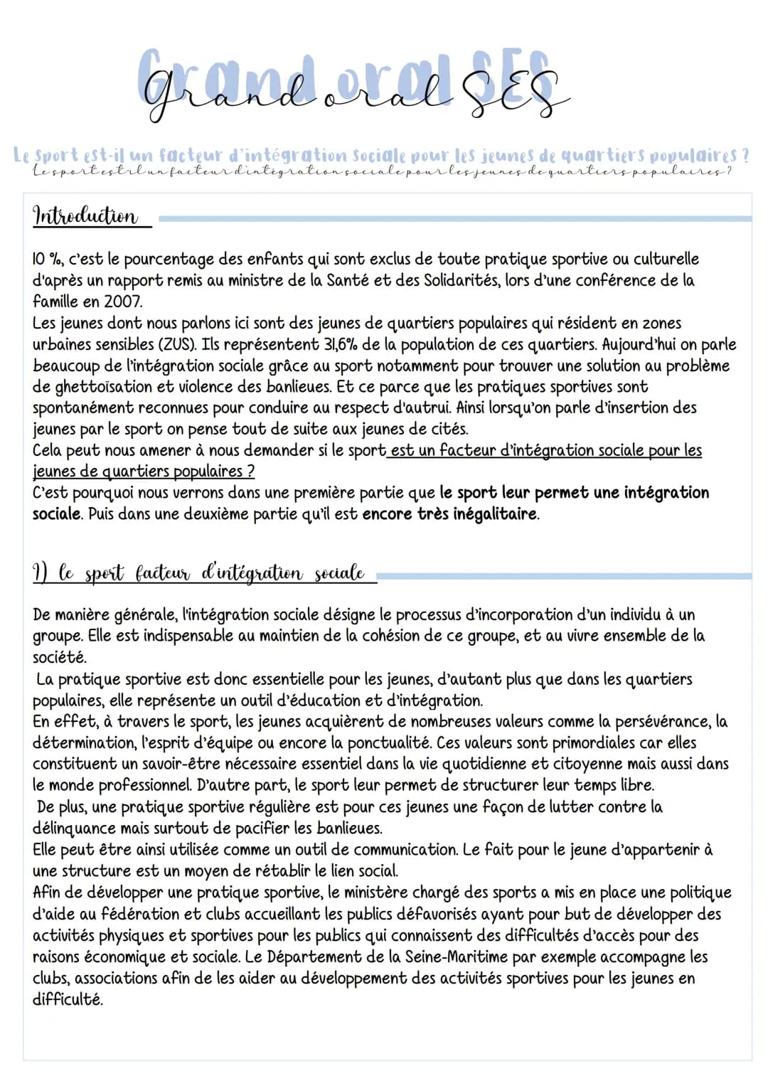 <p>Le sport est-il un facteur d'intégration sociale pour les jeunes de quartiers populaires?</p>
<h2>Introduction</h2>
<p>Le sport joue un