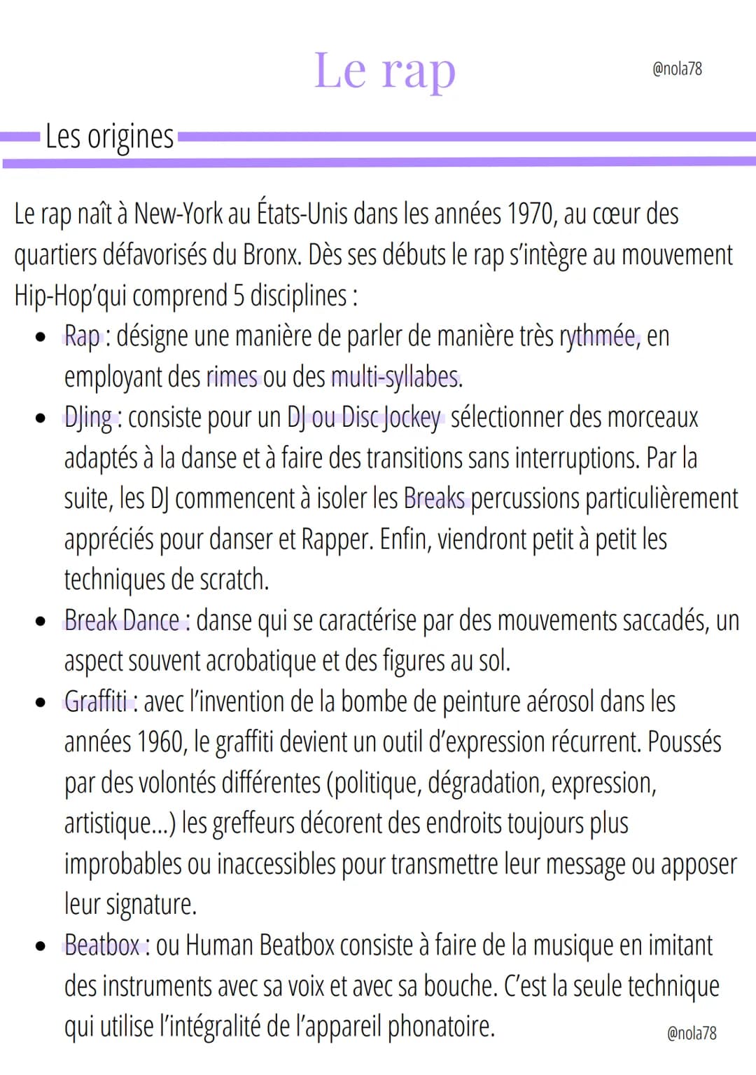 Le rap
@nola78
Les origines
Le rap naît à New-York au États-Unis dans les années 1970, au cœur des
quartiers défavorisés du Bronx. Dès ses