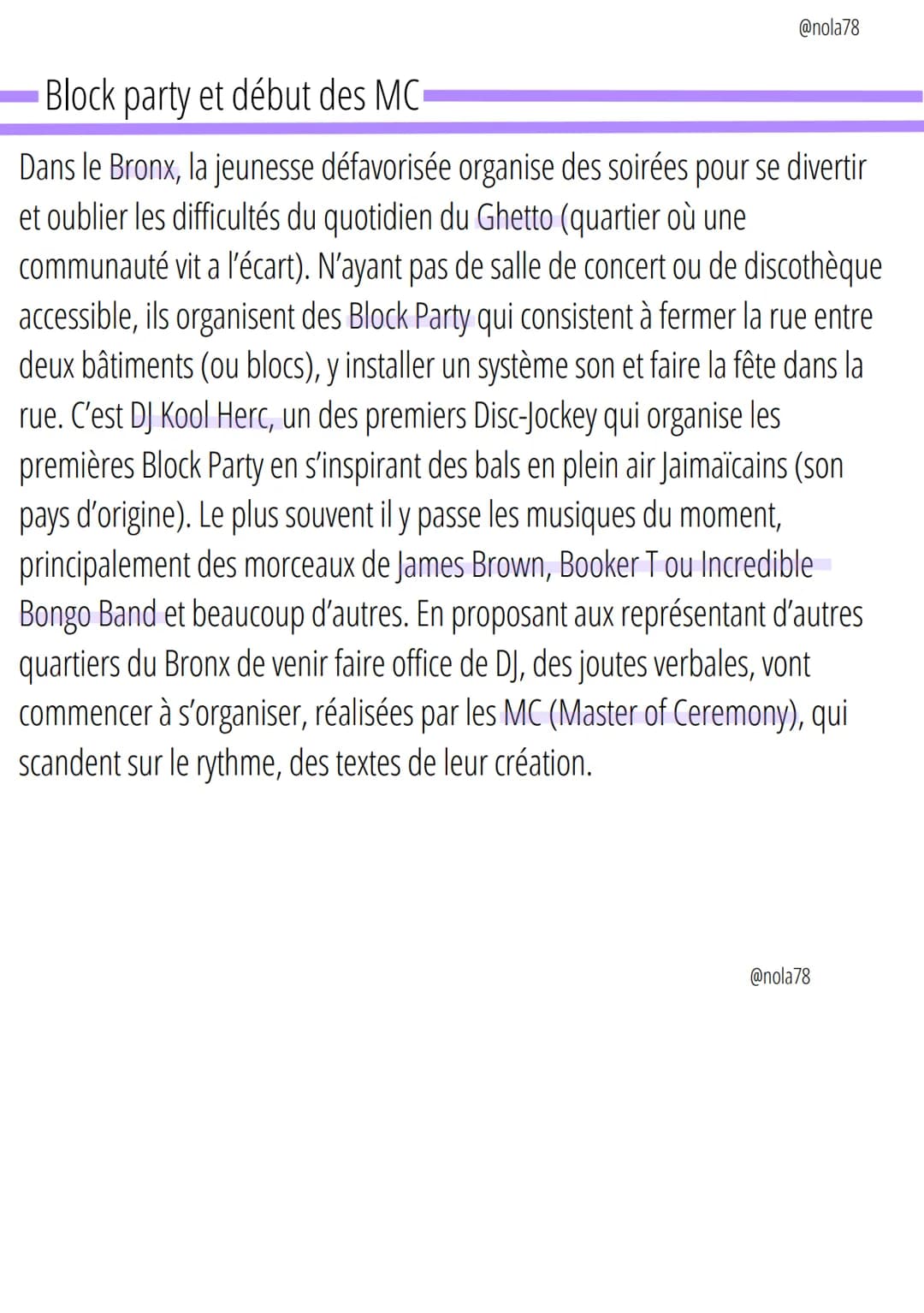 Le rap
@nola78
Les origines
Le rap naît à New-York au États-Unis dans les années 1970, au cœur des
quartiers défavorisés du Bronx. Dès ses