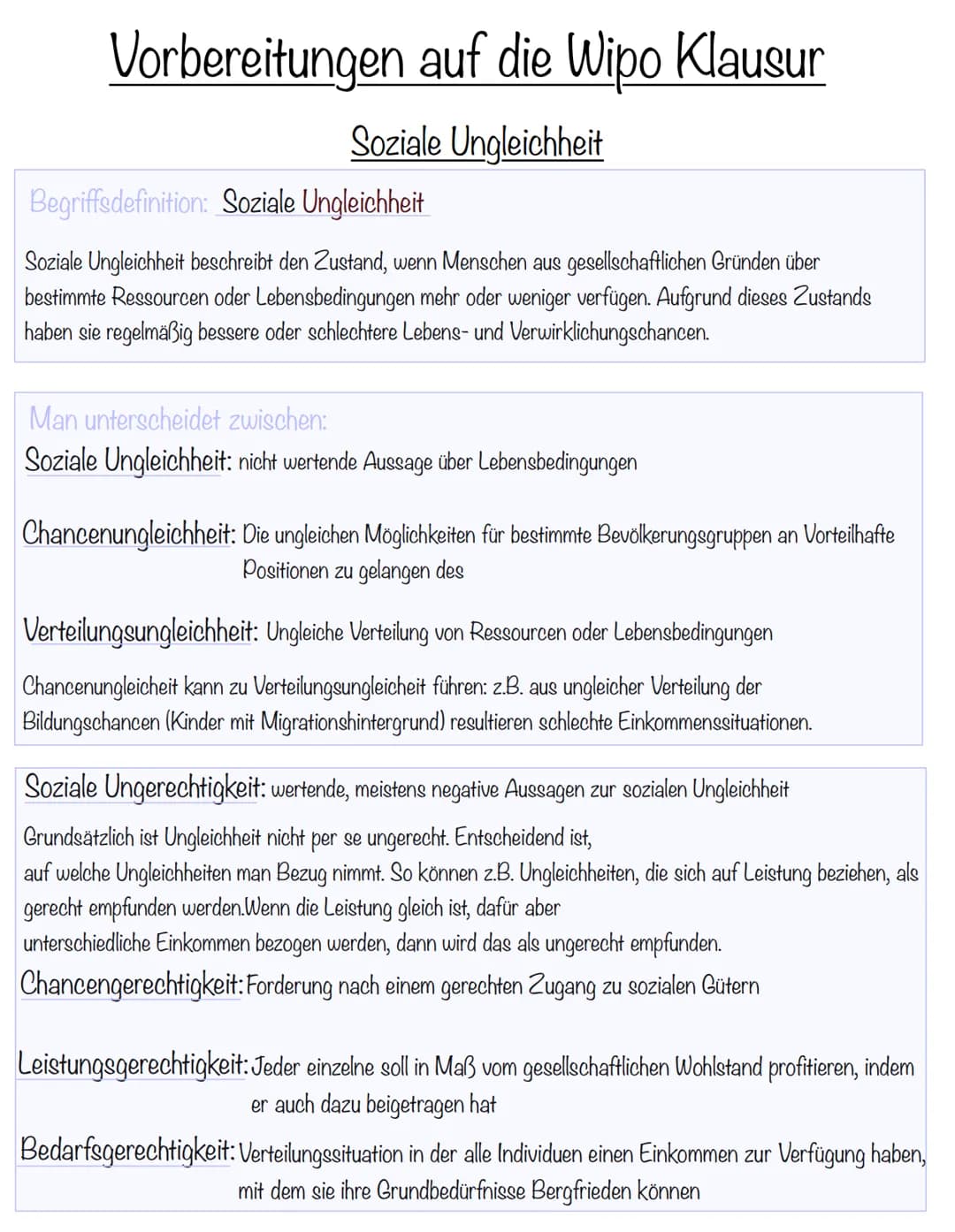 # Vorbereitungen auf die Wipo Klausur
Soziale Ungleichheit
Begriffsdefinition: Soziale Ungleichheit
Soziale Ungleichheit beschreibt den Z