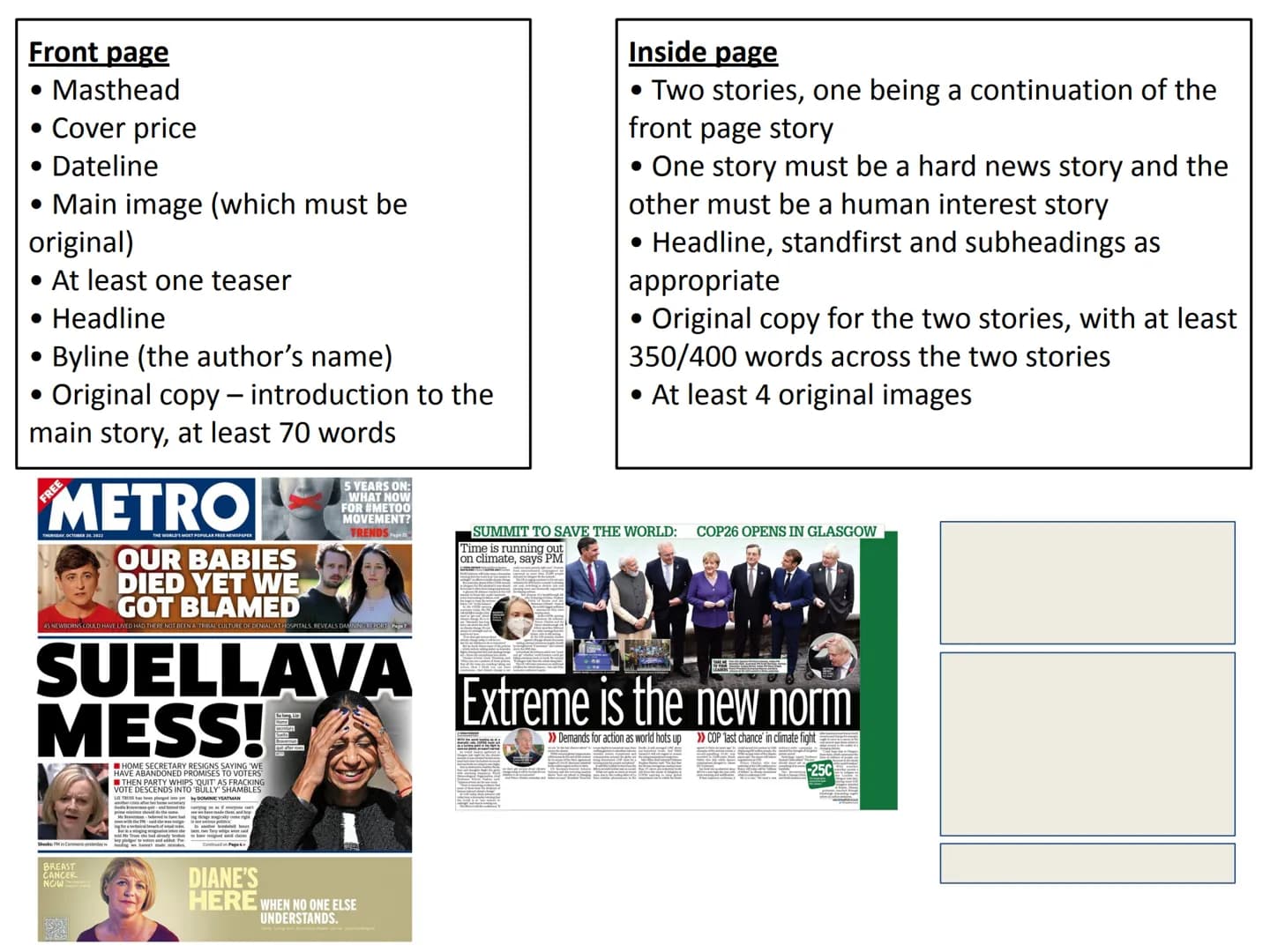 Title: Newspapers
LO: How do newspapers use language for purpose?
Masthead
The title block of the
newspaper
Kicker
An article linked to a